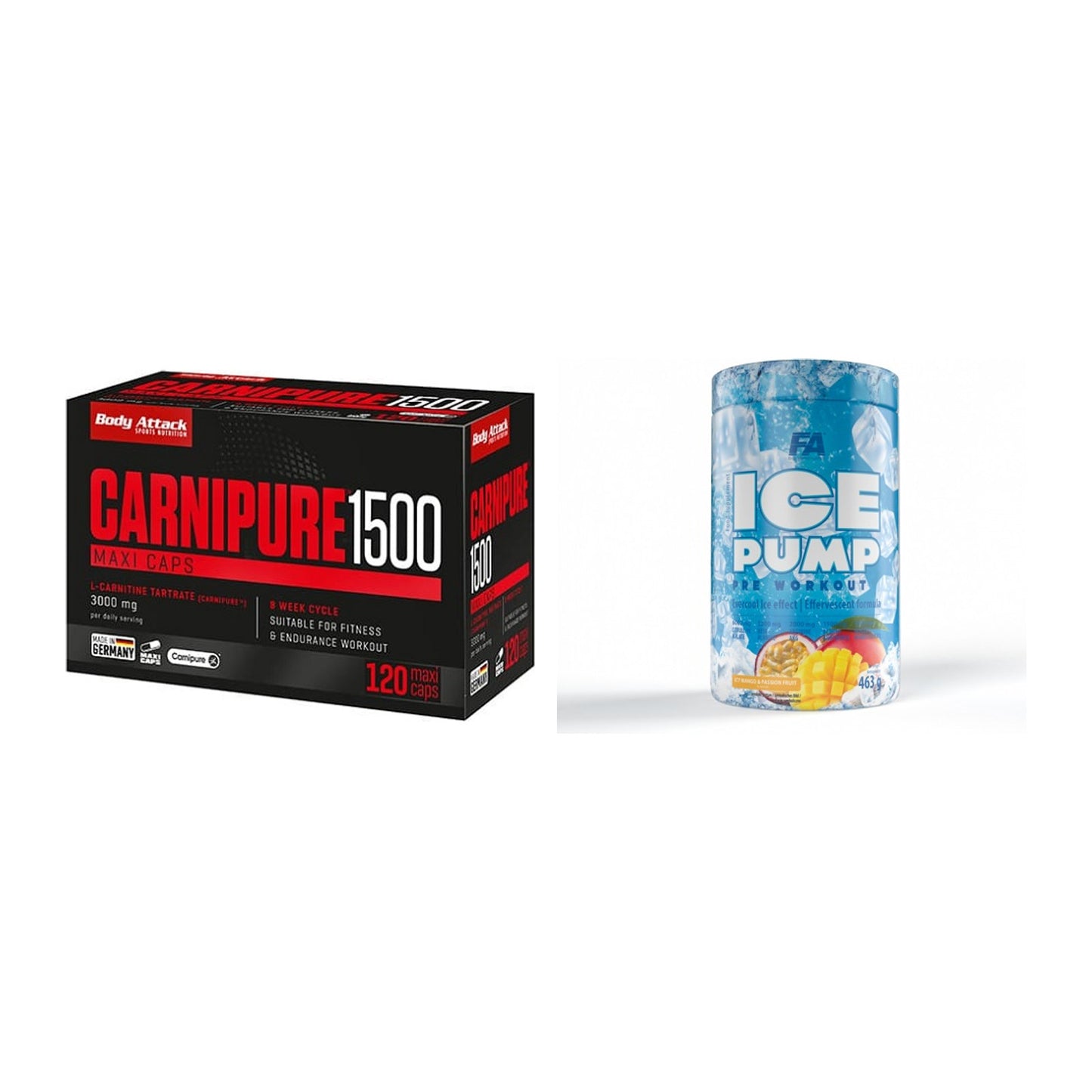 Cardio-Duo: Body Attack Carnipure 1500 + FA Nutrition ICE Pump – alle enthaltenen Artikel
