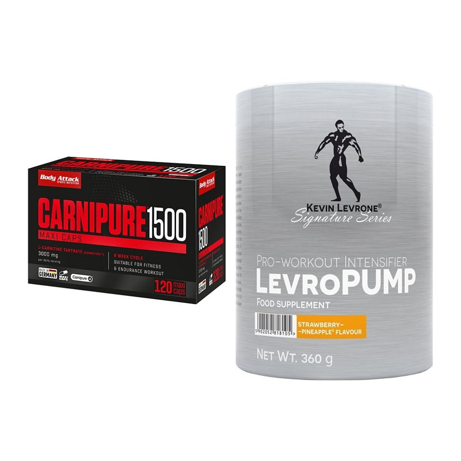 Cardio-Duo: Body Attack Carnipure 1500 + Kevin Levrone Levro Pump – alle enthaltenen Artikel