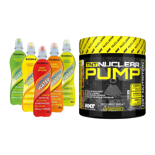 Cardio-Duo: Weider L-Carnitine WATER + NXT Nutrition TNT Nuclear Pump – alle enthaltenen Artikel