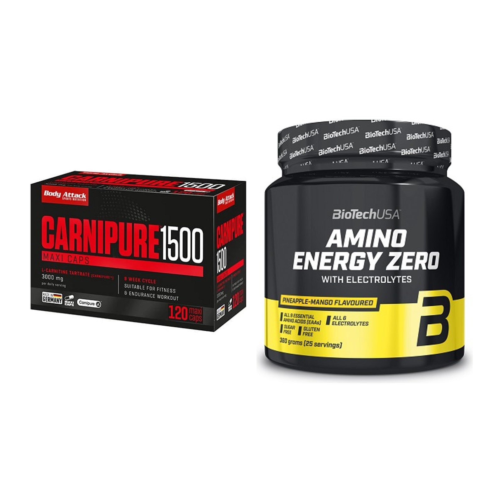 Cardio-Duo: Body Attack Carnipure 1500 + BioTech Amino Energy Zero – alle enthaltenen Artikel
