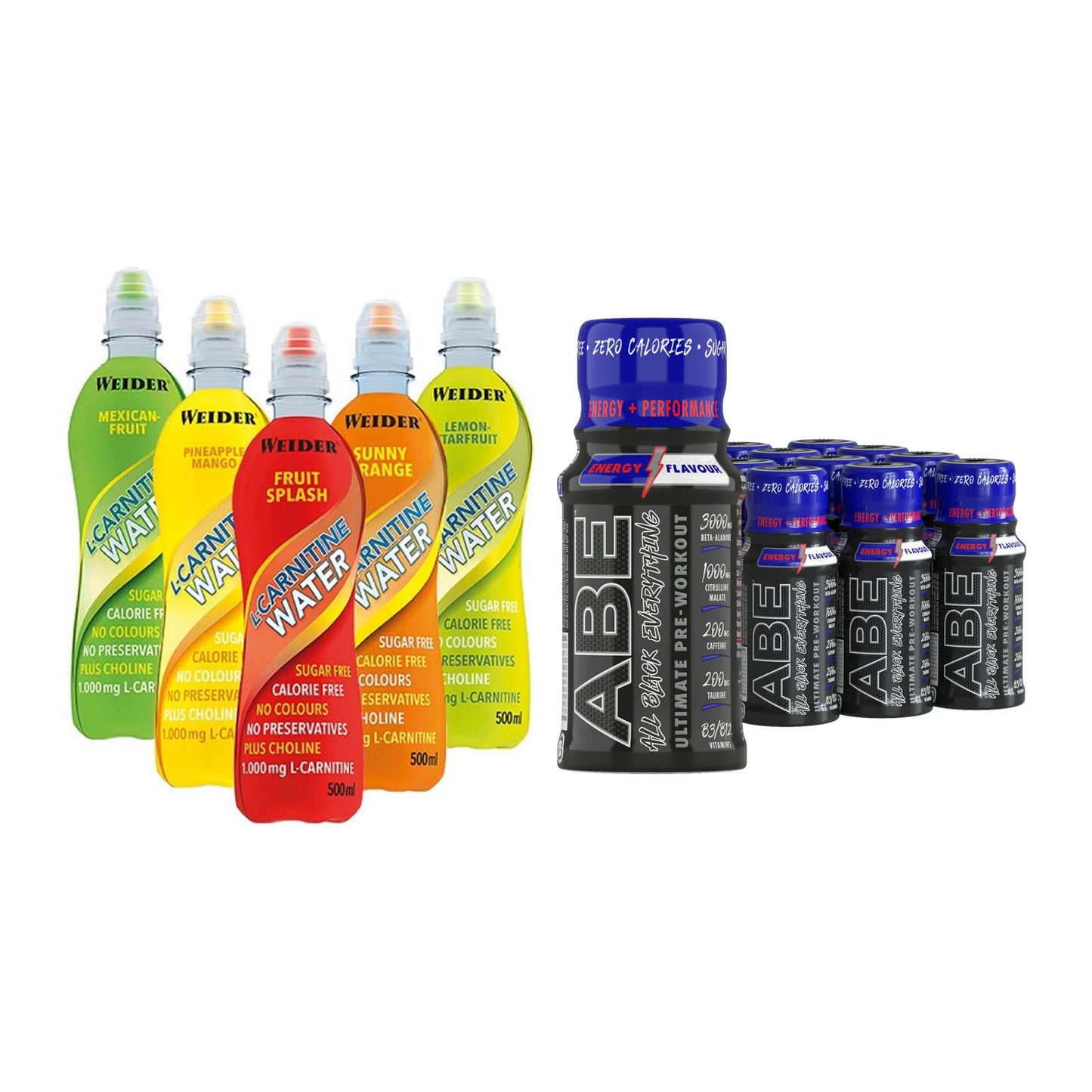 Cardio-Duo: Weider L-Carnitine WATER + Applied ABE Pre-Workout SHOTS – alle enthaltenen Artikel