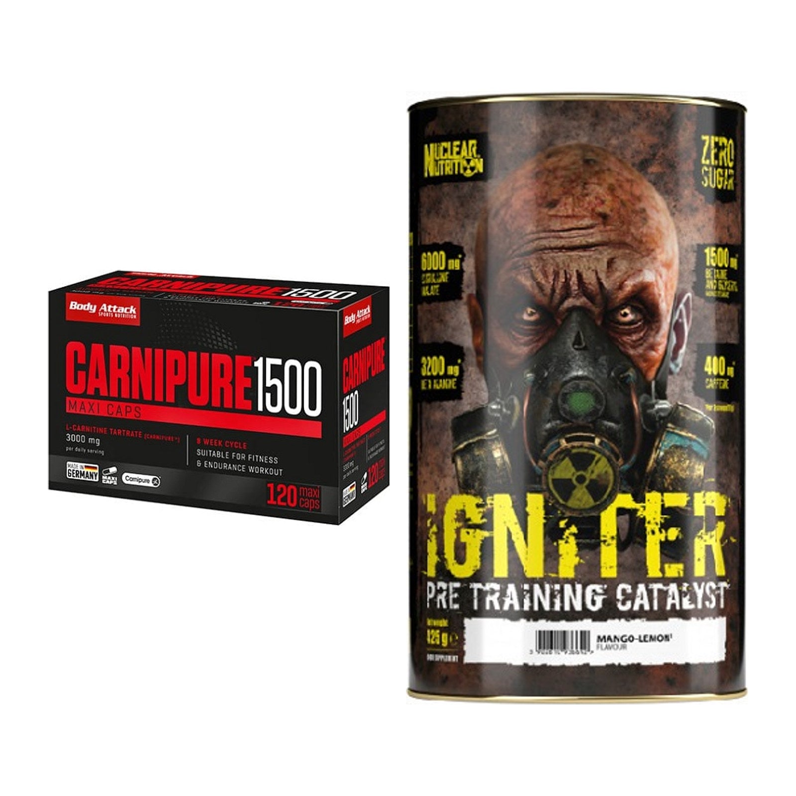 Cardio-Duo: Body Attack Carnipure 1500 + Nuclear Nutrition IGNITER – alle enthaltenen Artikel