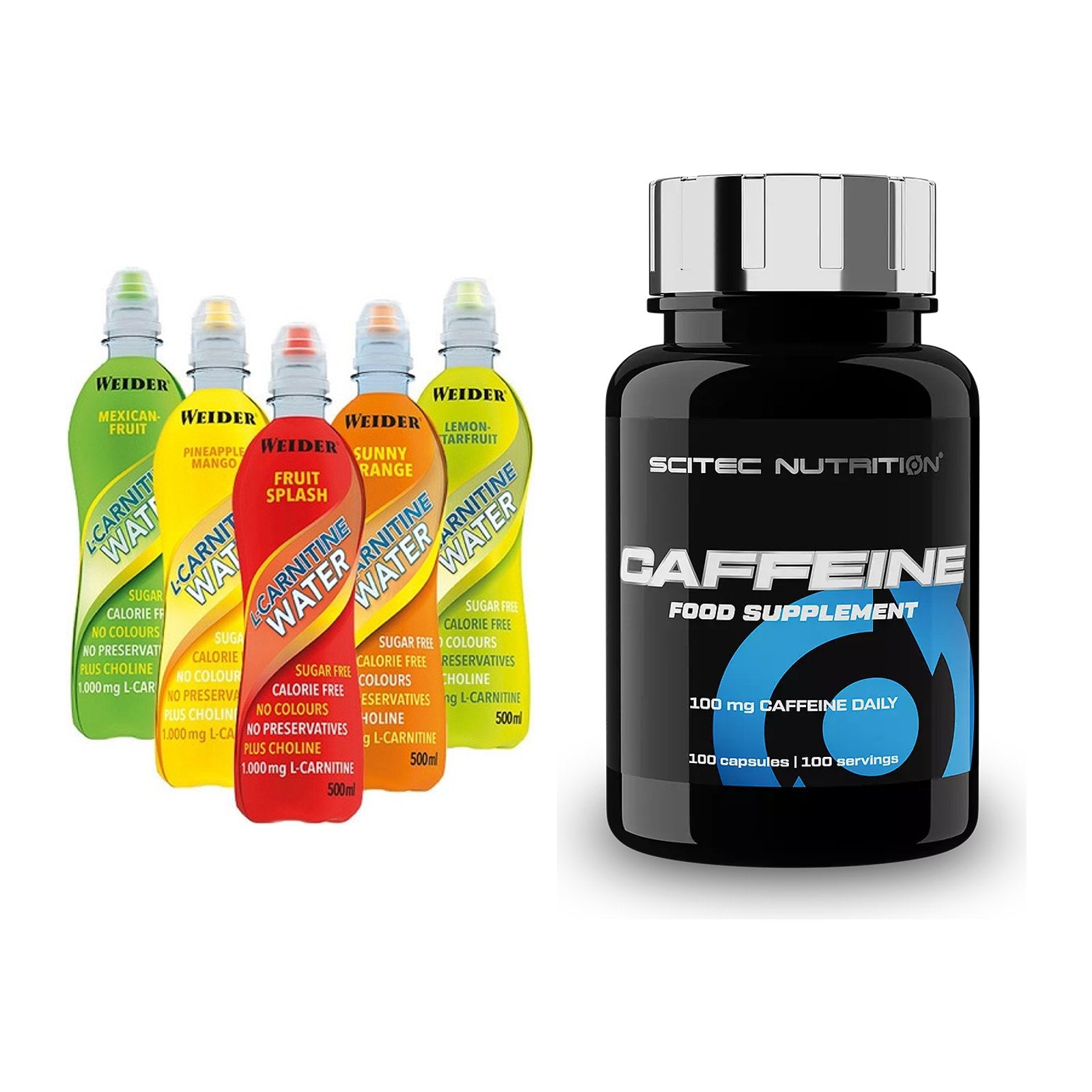 Cardio-Duo: Weider L-Carnitine WATER + Scitec Caffeine – alle enthaltenen Artikel
