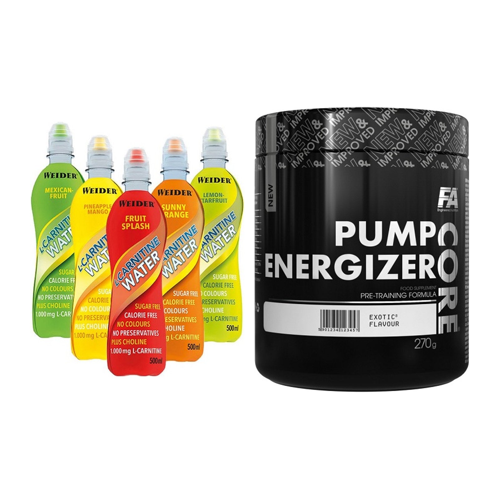 Cardio-Duo: Weider L-Carnitine WATER + FA Nutrition Core Pump – alle enthaltenen Artikel