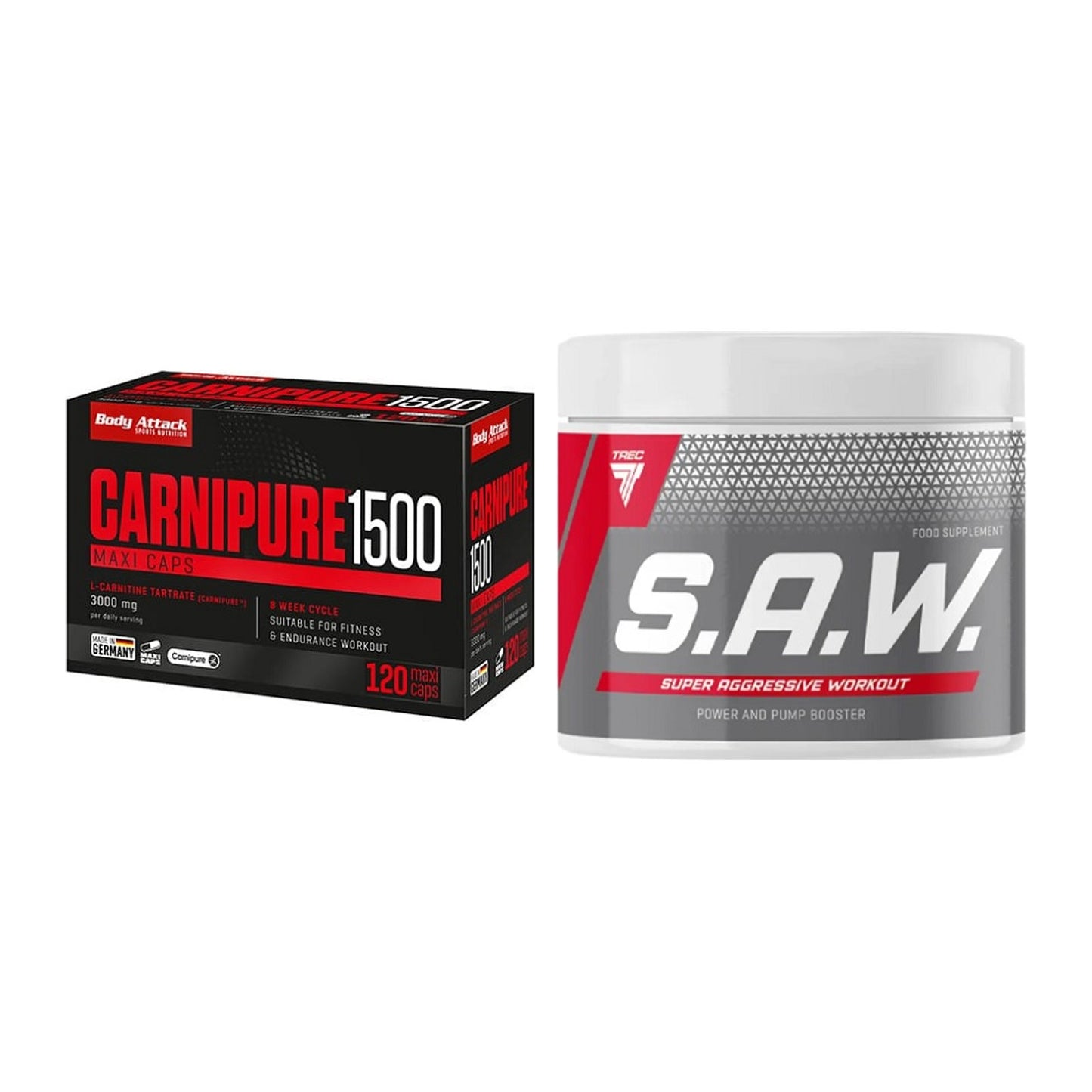Cardio-Duo: Body Attack Carnipure 1500 + Trec Nutrition SAW Booster – alle enthaltenen Artikel