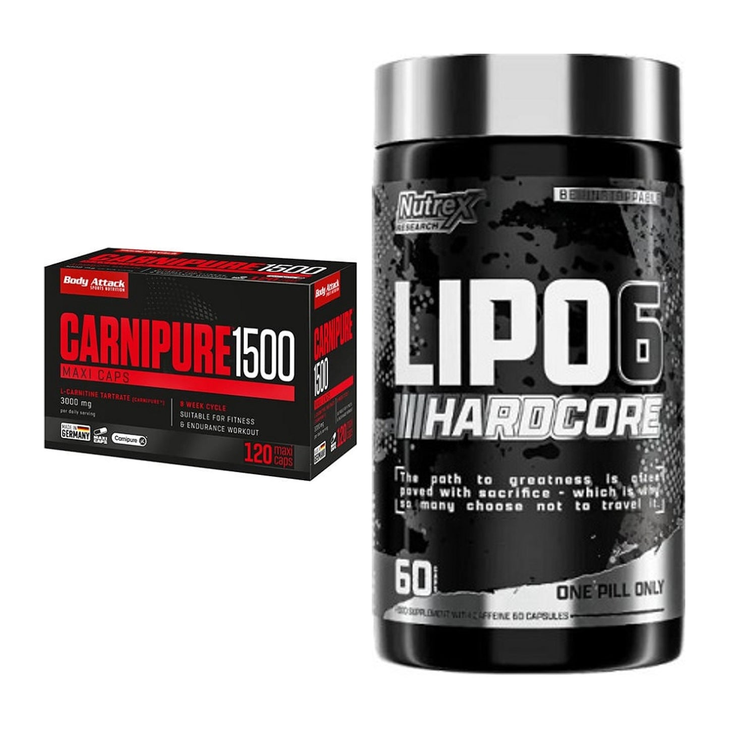 Cardio-Duo: Body Attack Carnipure 1500 + Nutrex Lipo 6 Hardcore – alle enthaltenen Artikel