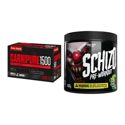 Cardio-Duo: Body Attack Carnipure 1500 + AK47 Labs Schizo Pre-Workout – alle enthaltenen Artikel