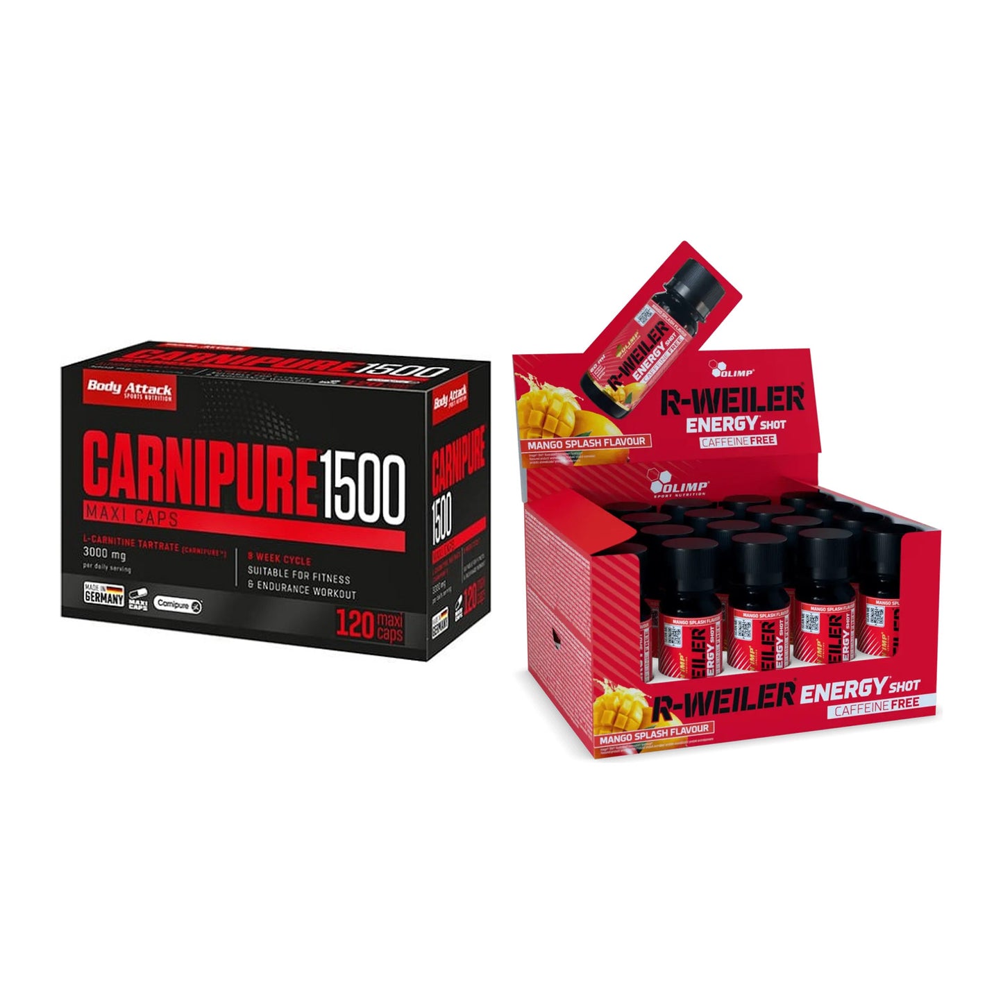 Cardio-Duo: Body Attack Carnipure 1500 + Olimp R-Weiler Energy Shot – alle enthaltenen Artikel