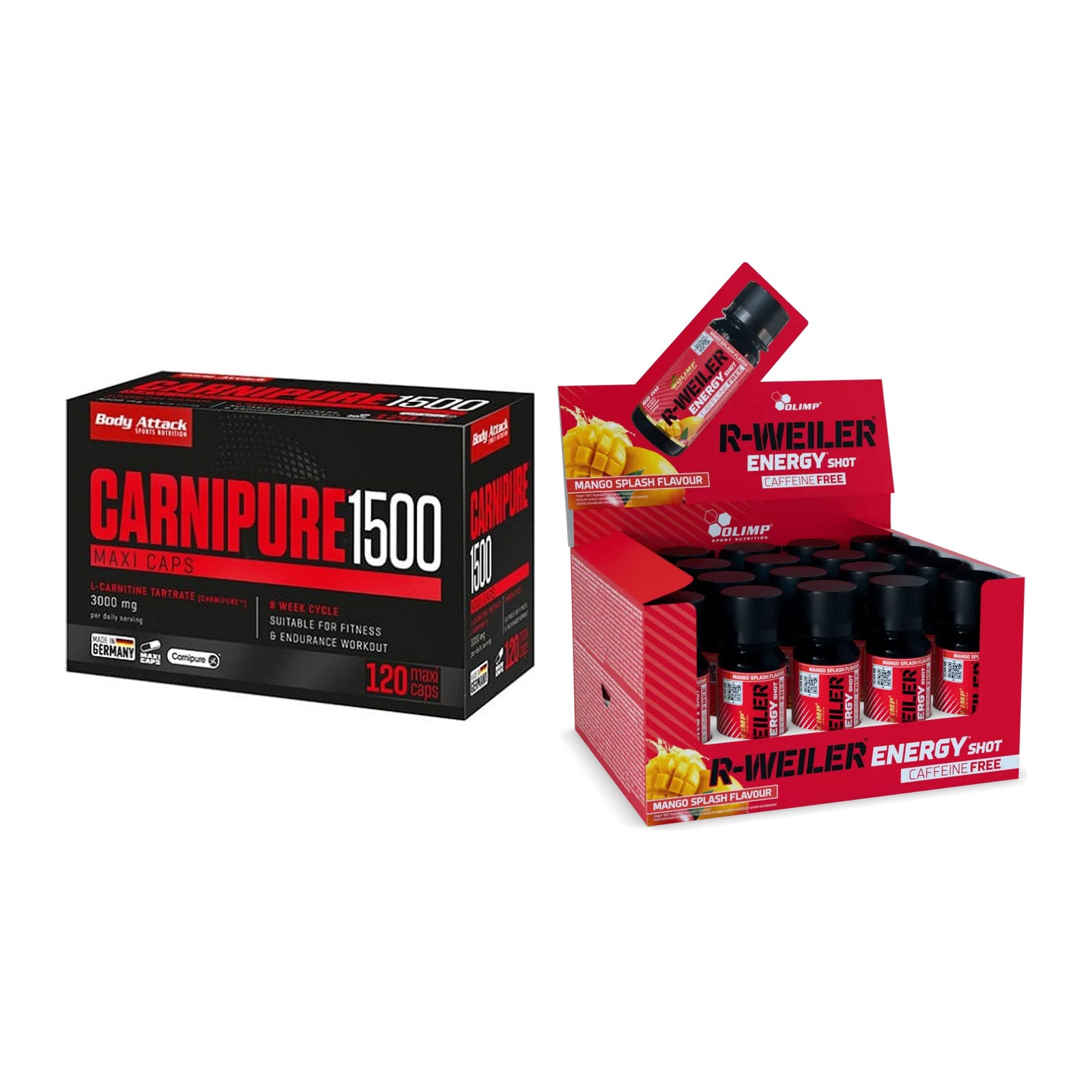 Cardio-Duo: Body Attack Carnipure 1500 + Olimp R-Weiler Energy Shot – alle enthaltenen Artikel