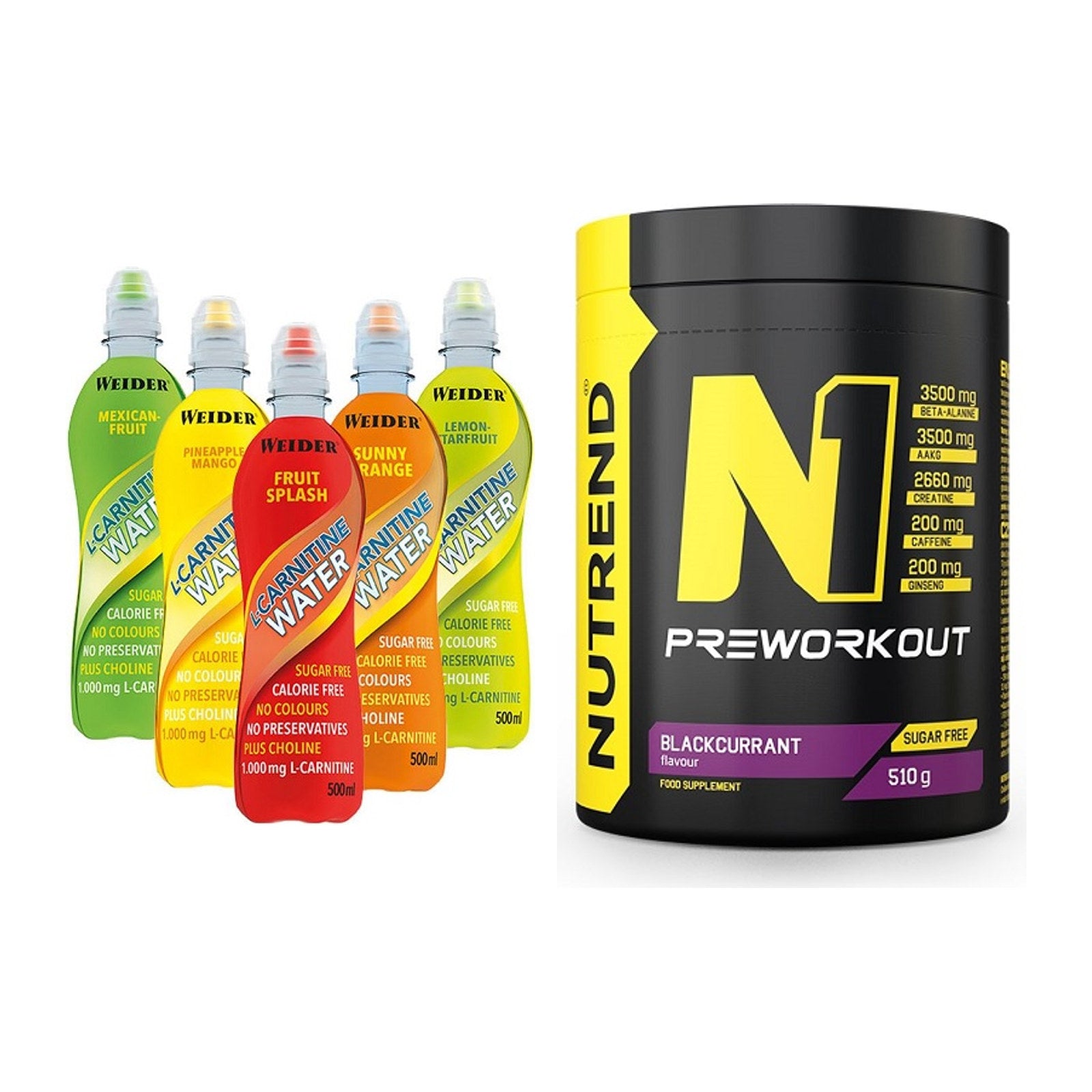 Cardio-Duo: Weider L-Carnitine WATER + Nutrend N1 Preworkout – alle enthaltenen Artikel