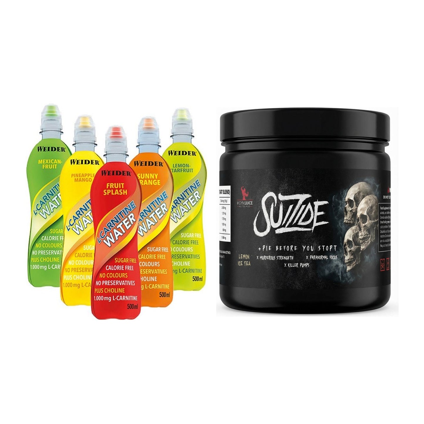 Cardio-Duo: Weider L-Carnitine WATER + #GYMJUICE SUIZIDE Booster – alle enthaltenen Artikel