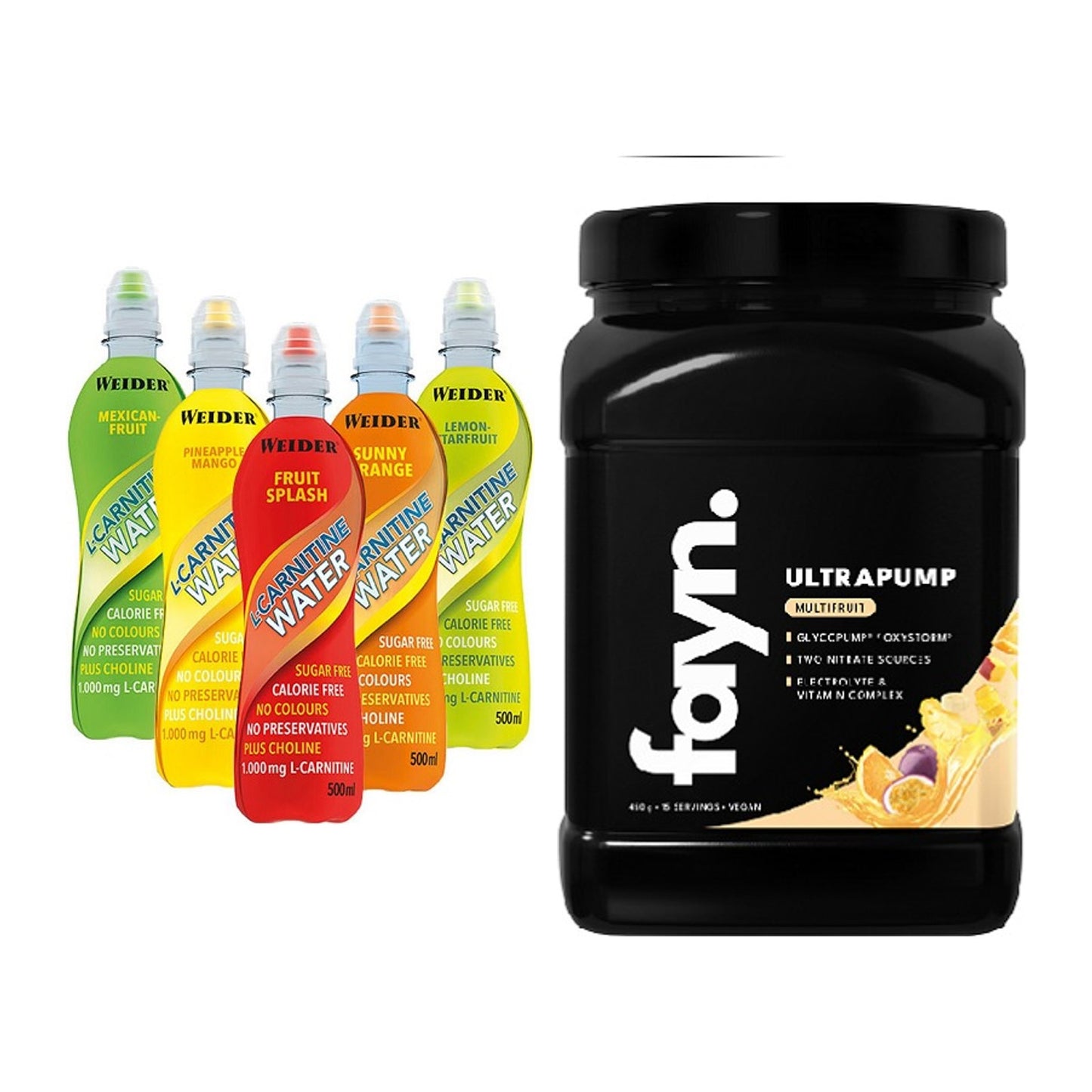 Cardio-Duo: Weider L-Carnitine WATER + Fayn. Ultrapump – alle enthaltenen Artikel