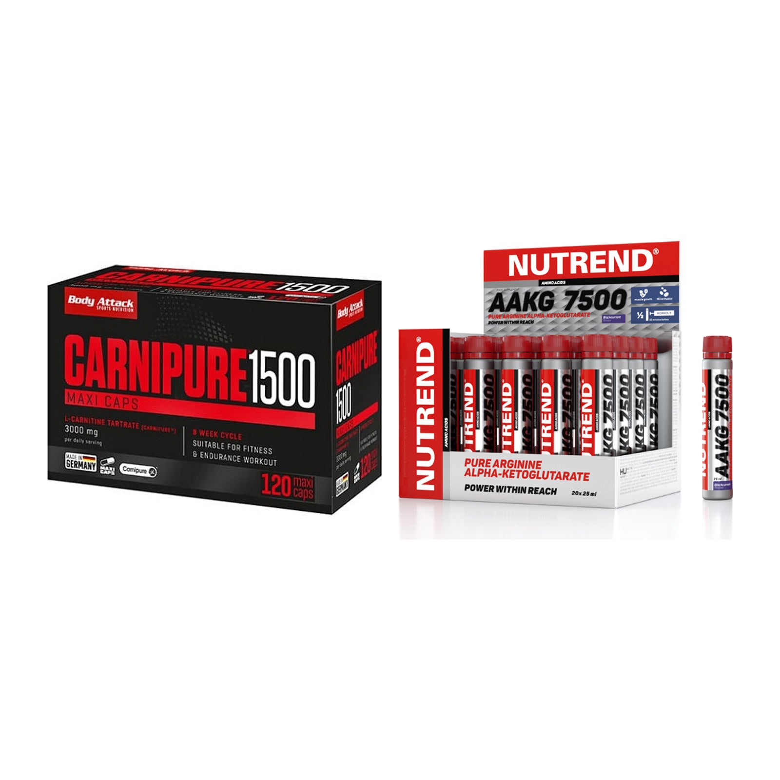 Cardio-Duo: Body Attack Carnipure 1500 + Nutrend AAKG 7500 Shots – alle enthaltenen Artikel