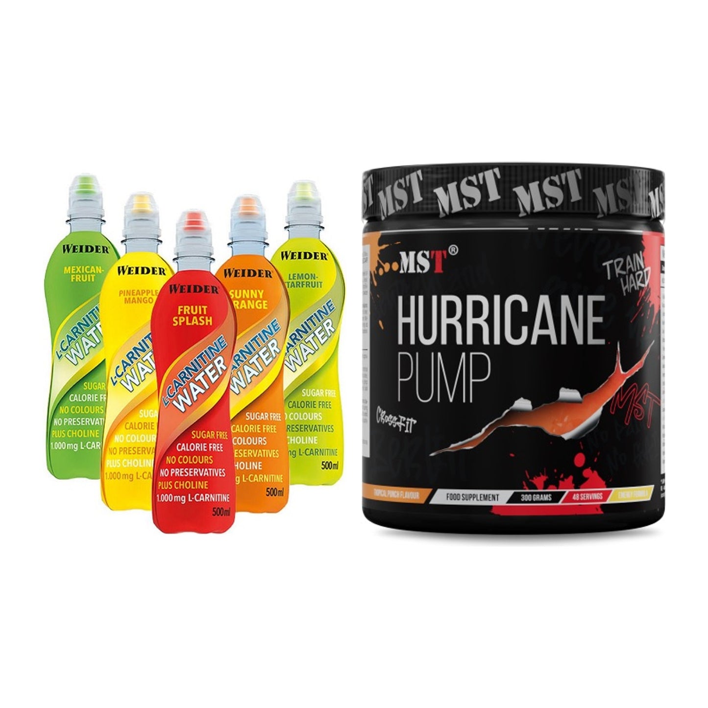 Cardio-Duo: Weider L-Carnitine WATER + MST Hurricane Pump – alle enthaltenen Artikel