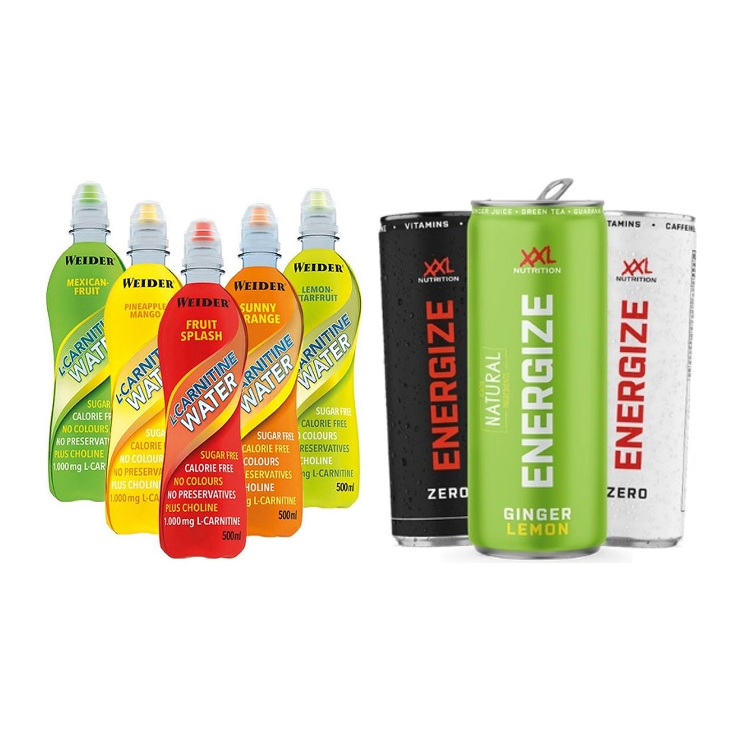 Cardio-Duo: Weider L-Carnitine WATER + XXL Nutrition Energize! Energy – alle enthaltenen Artikel