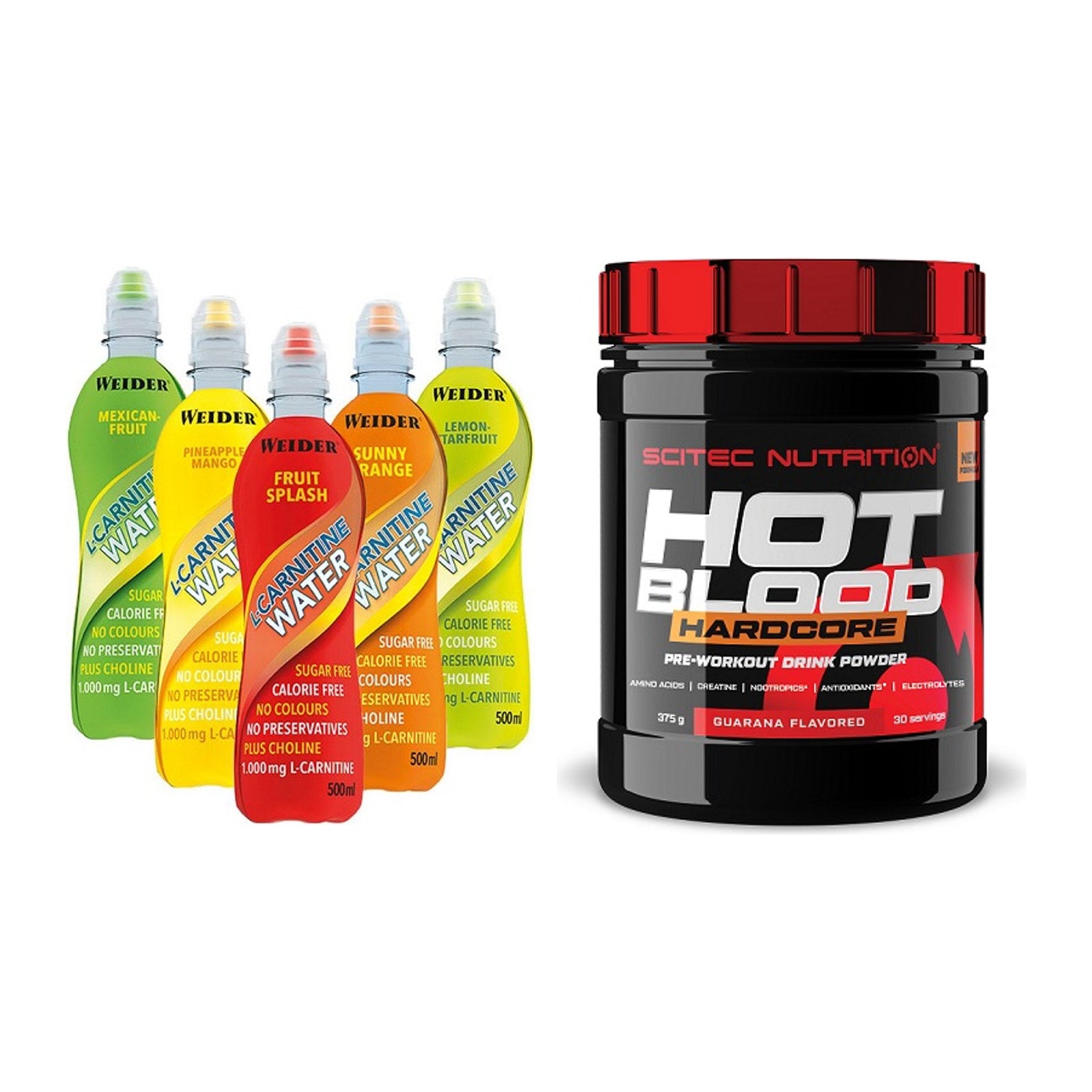 Cardio-Duo: Weider L-Carnitine WATER + Scitec Hot Blood Hardcore – alle enthaltenen Artikel