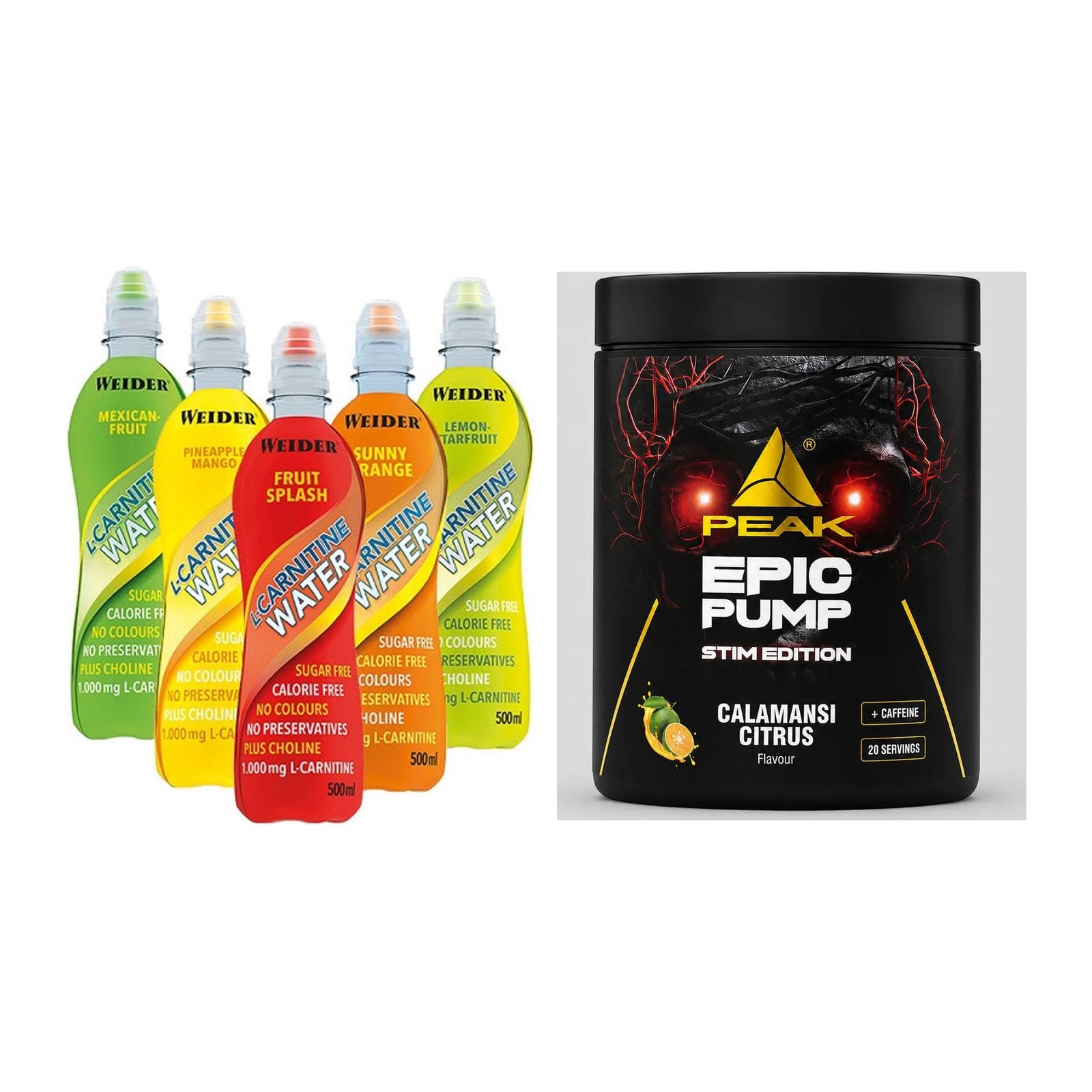 Cardio-Duo: Weider L-Carnitine WATER + Peak Epic Pump Stim Edition – alle enthaltenen Artikel