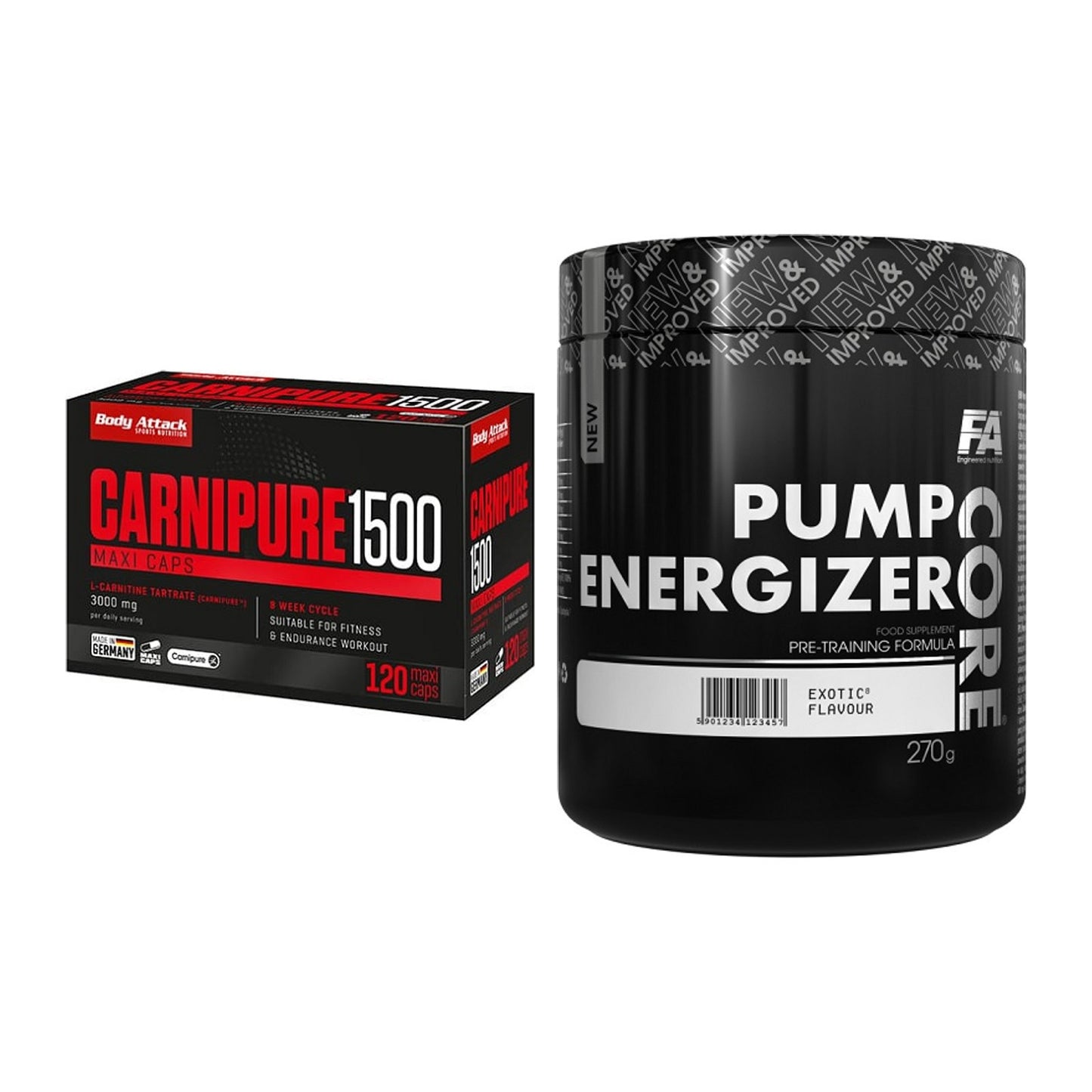 Cardio-Duo: Body Attack Carnipure 1500 + FA Nutrition Core Pump – alle enthaltenen Artikel