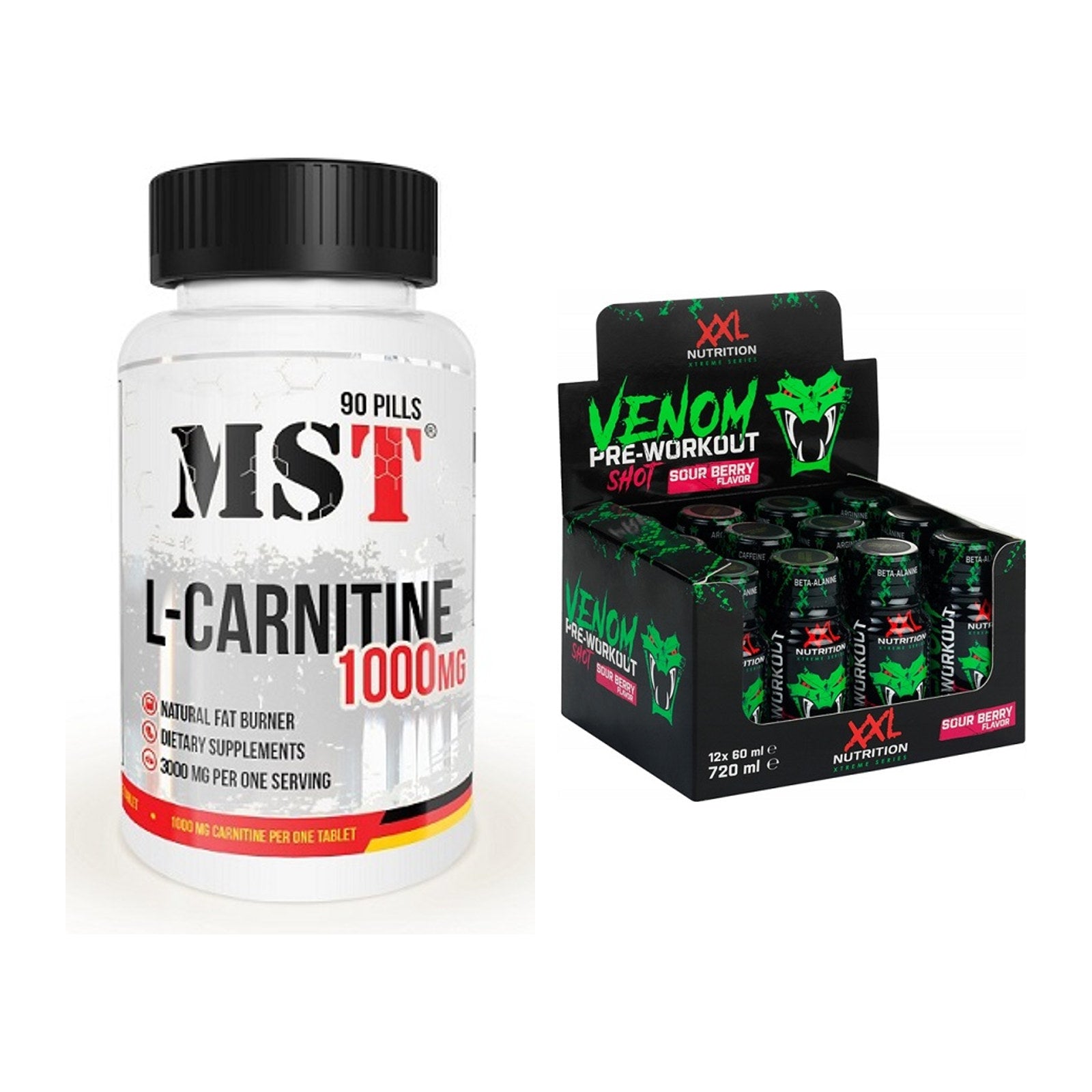 Cardio-Duo: MST L-Carnitine 1000 (90 Tabl.) + XXL Nutrition Venom Shot – alle enthaltenen Artikel