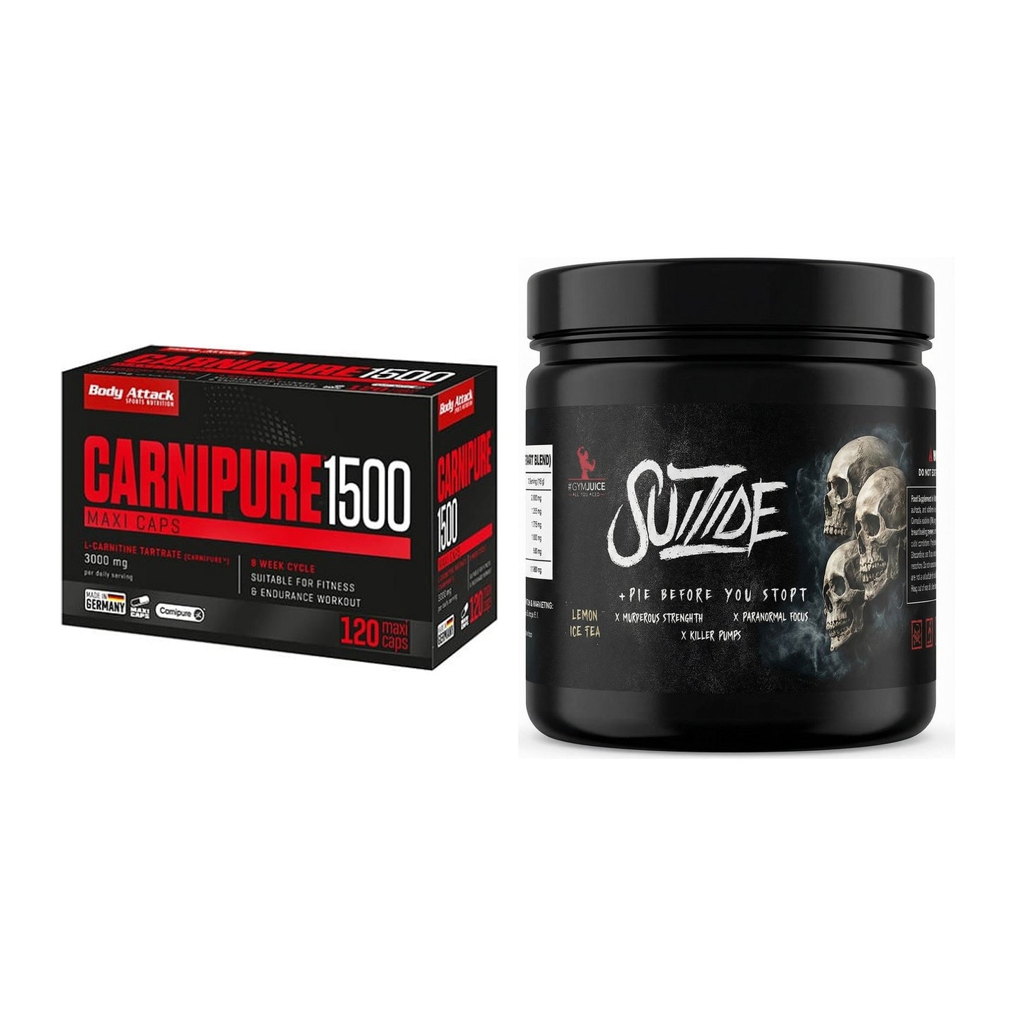 Cardio-Duo: Body Attack Carnipure 1500 + #GYMJUICE SUIZIDE Booster – alle enthaltenen Artikel