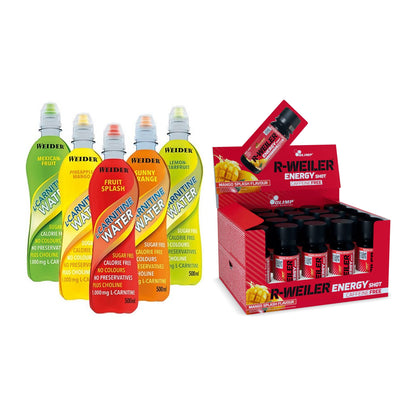Cardio-Duo: Weider L-Carnitine WATER + Olimp R-Weiler Energy Shot – alle enthaltenen Artikel