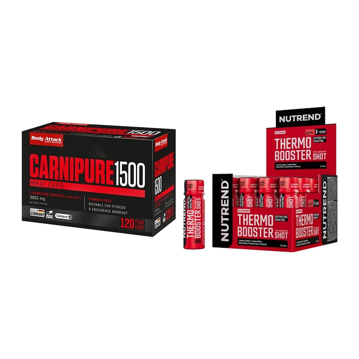 Cardio-Duo: Body Attack Carnipure 1500 + Nutrend Thermobooster Shot – alle enthaltenen Artikel