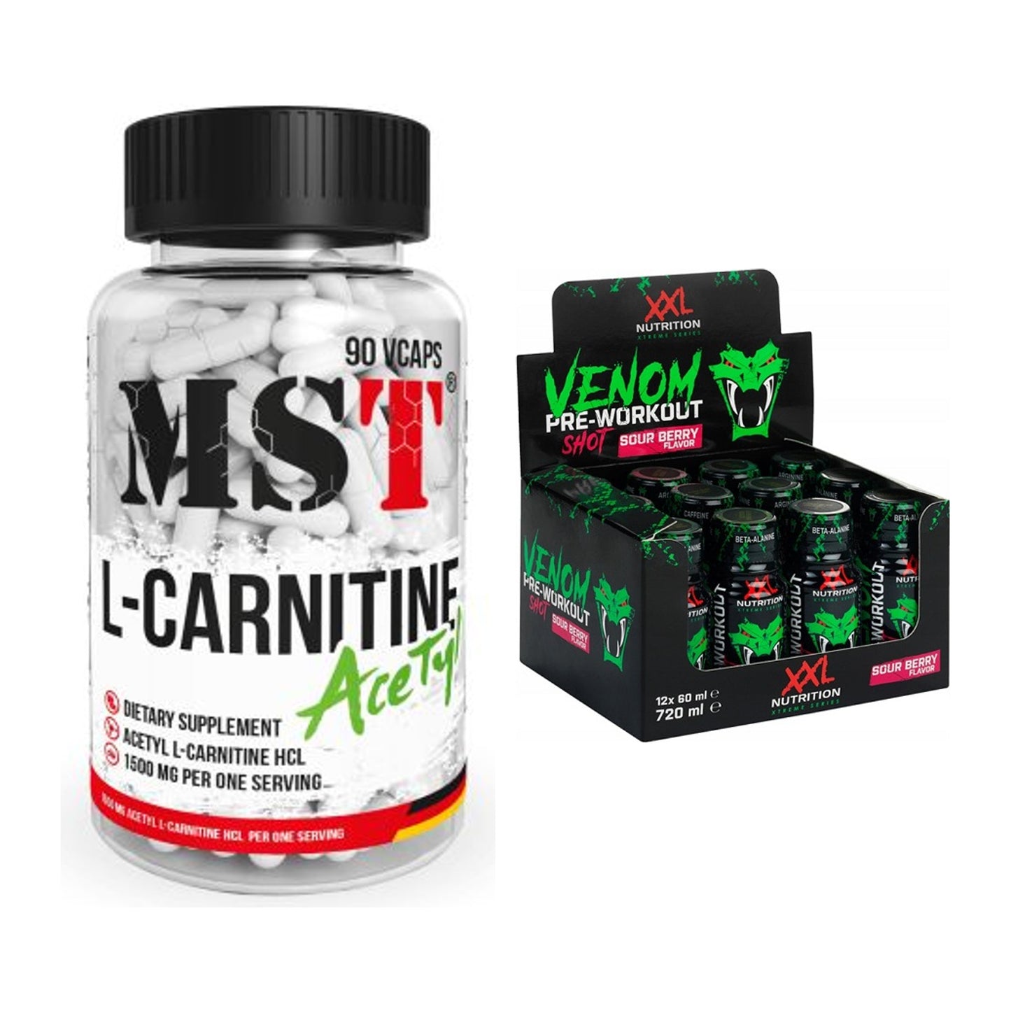Cardio-Duo: MST L-Carnitine Acetyle + XXL Nutrition Venom Shot – alle enthaltenen Artikel