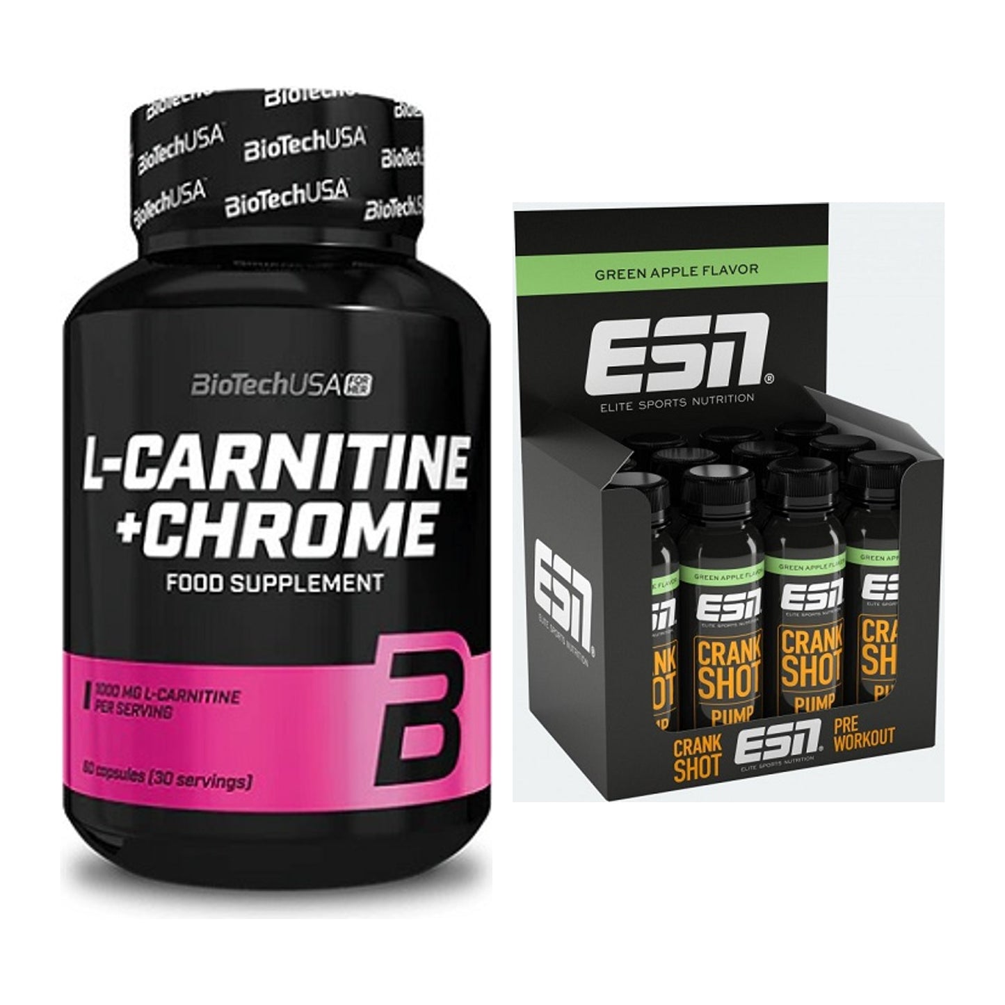 Cardio-Duo: BioTech L-Carnitine + Chrome + ESN Crank Pump Shot – alle enthaltenen Artikel