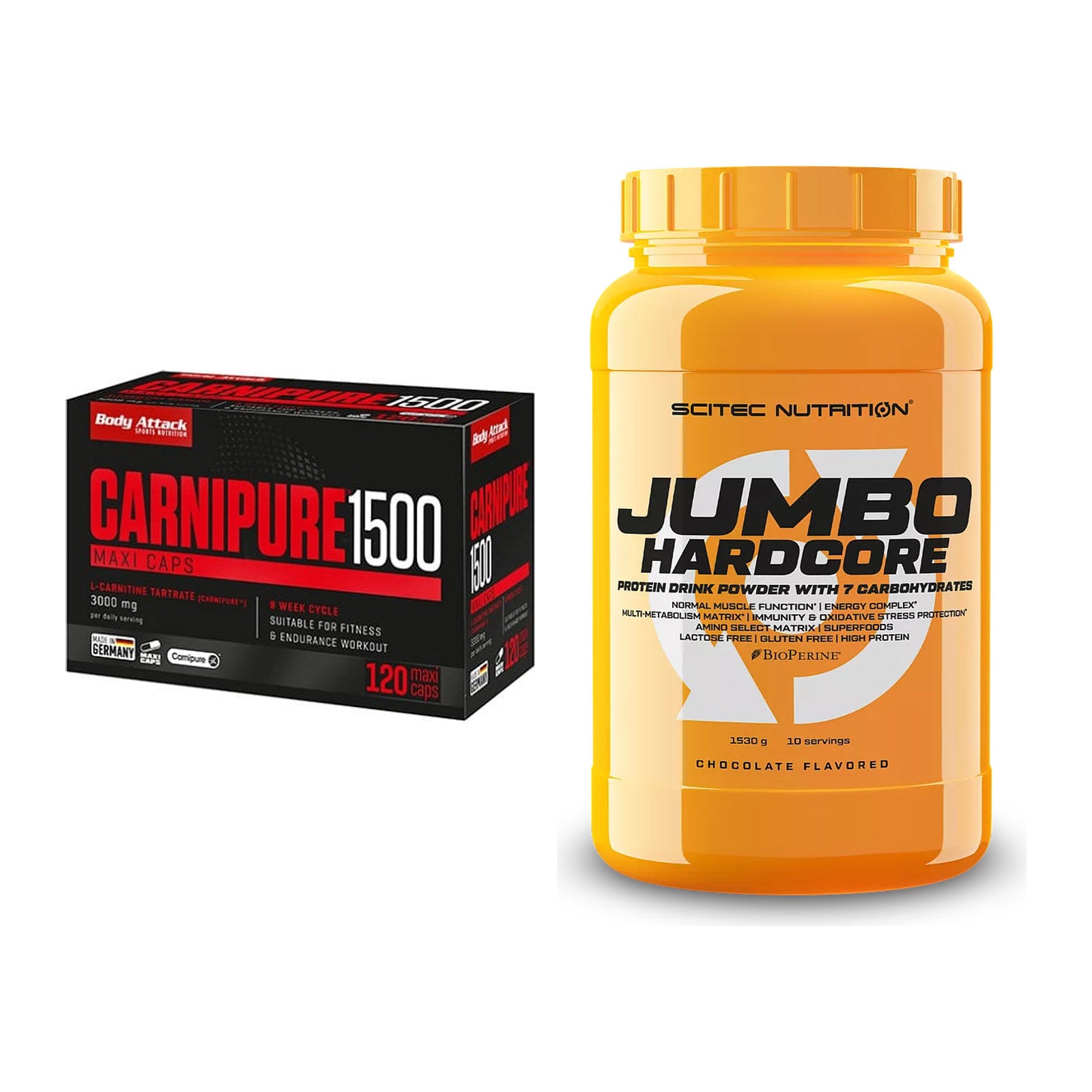 Cardio-Duo: Body Attack Carnipure 1500 + Scitec Jumbo Hardcore1530g – alle enthaltenen Artikel