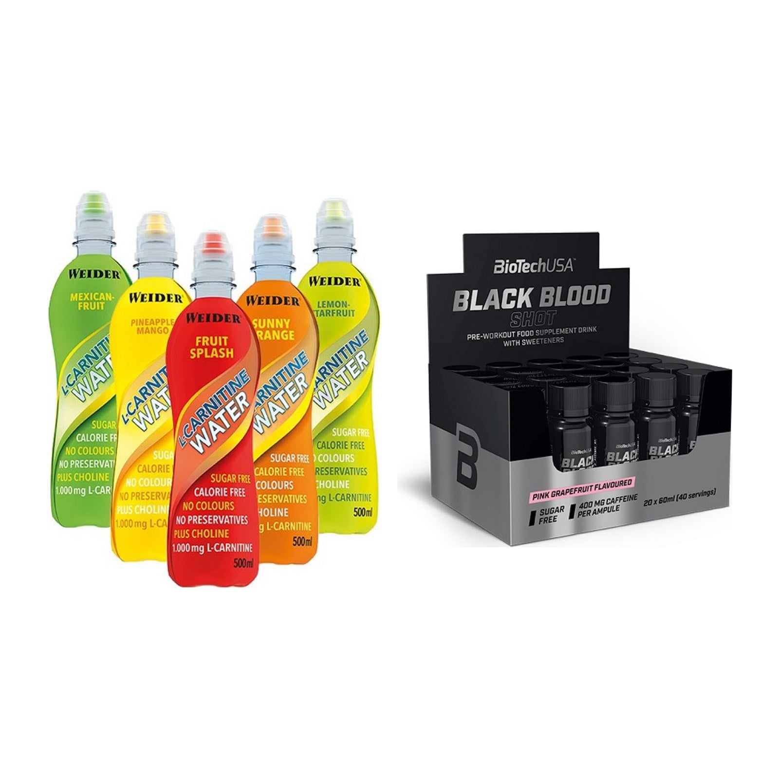Cardio-Duo: Weider L-Carnitine WATER + BioTech Black Blood Shot – alle enthaltenen Artikel