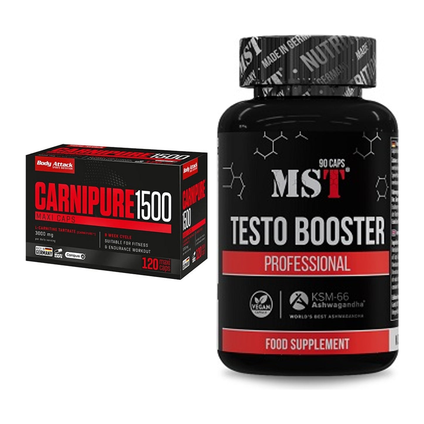 Cardio-Duo: Body Attack Carnipure 1500 + MST Testo Booster – alle enthaltenen Artikel