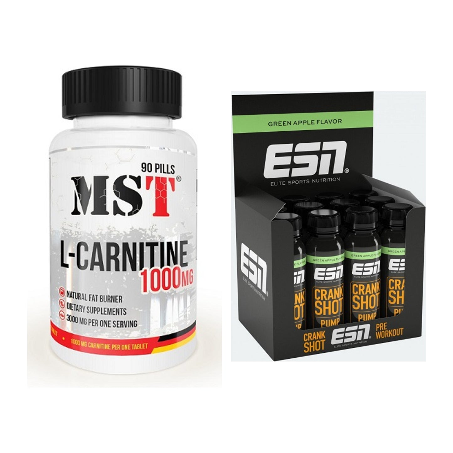 Cardio-Duo: MST L-Carnitine 1000 (90 Tabl.) + ESN Crank Pump Shot – alle enthaltenen Artikel