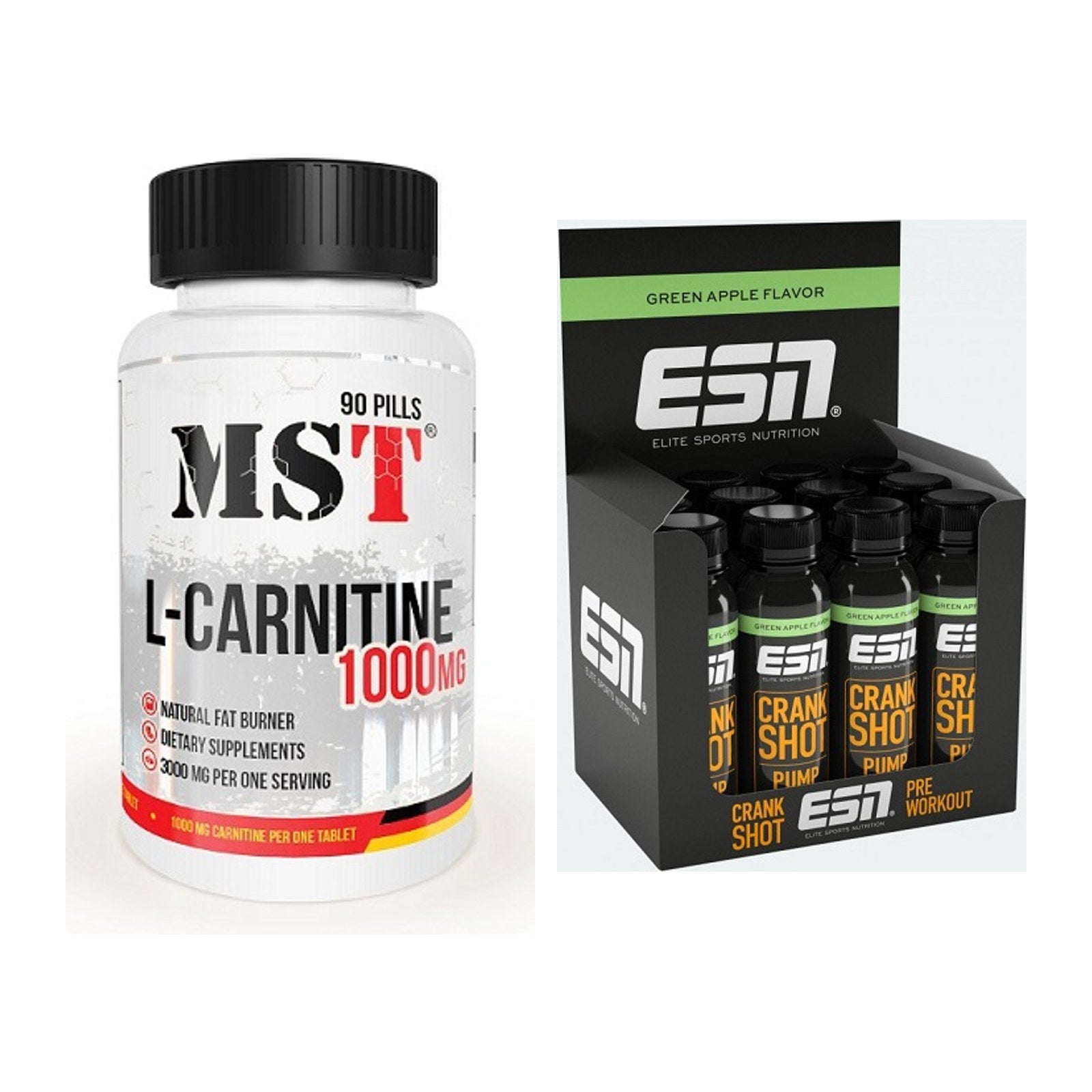 Cardio-Duo: MST L-Carnitine 1000 (90 Tabl.) + ESN Crank Pump Shot – alle enthaltenen Artikel
