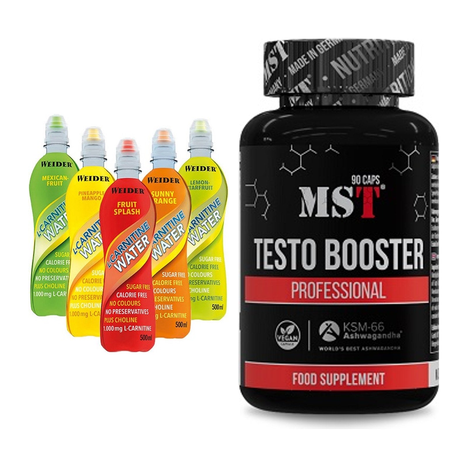 Cardio-Duo: Weider L-Carnitine WATER + MST Testo Booster Professional – alle enthaltenen Artikel