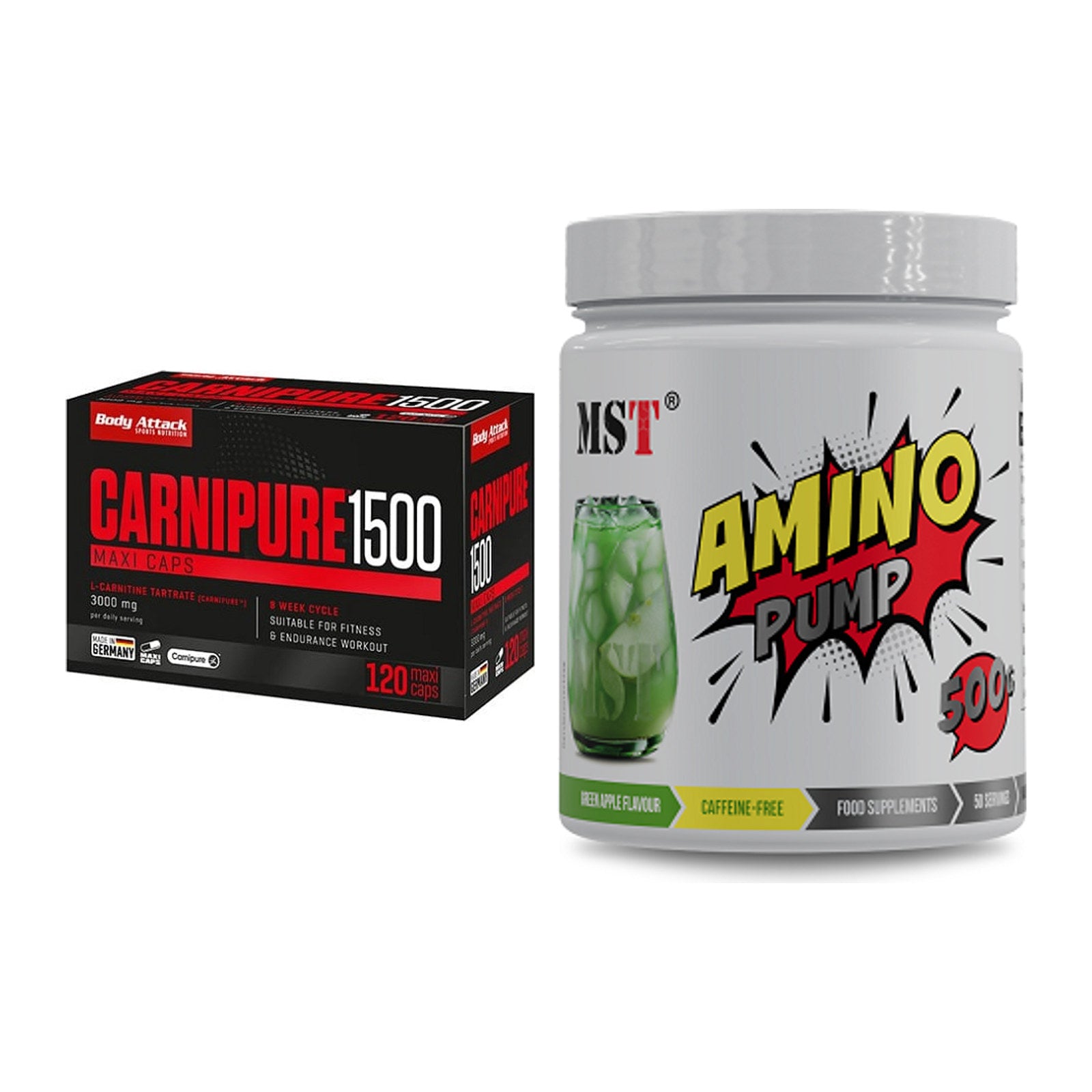 Cardio-Duo: Body Attack Carnipure 1500 + MST Amino Pump (flavoured) – alle enthaltenen Artikel