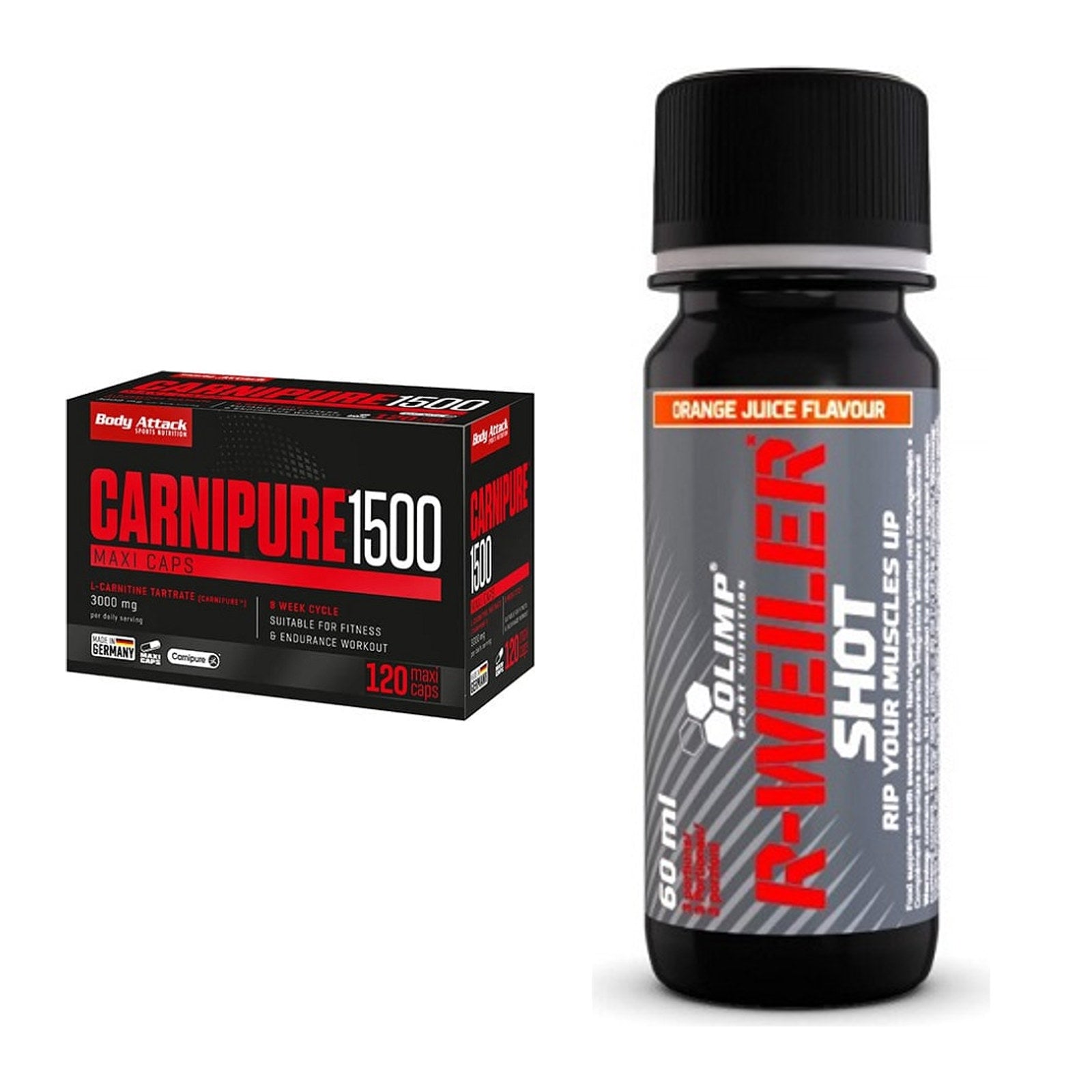 Cardio-Duo: Body Attack Carnipure 1500 + Olimp R-Weiler Shot – alle enthaltenen Artikel