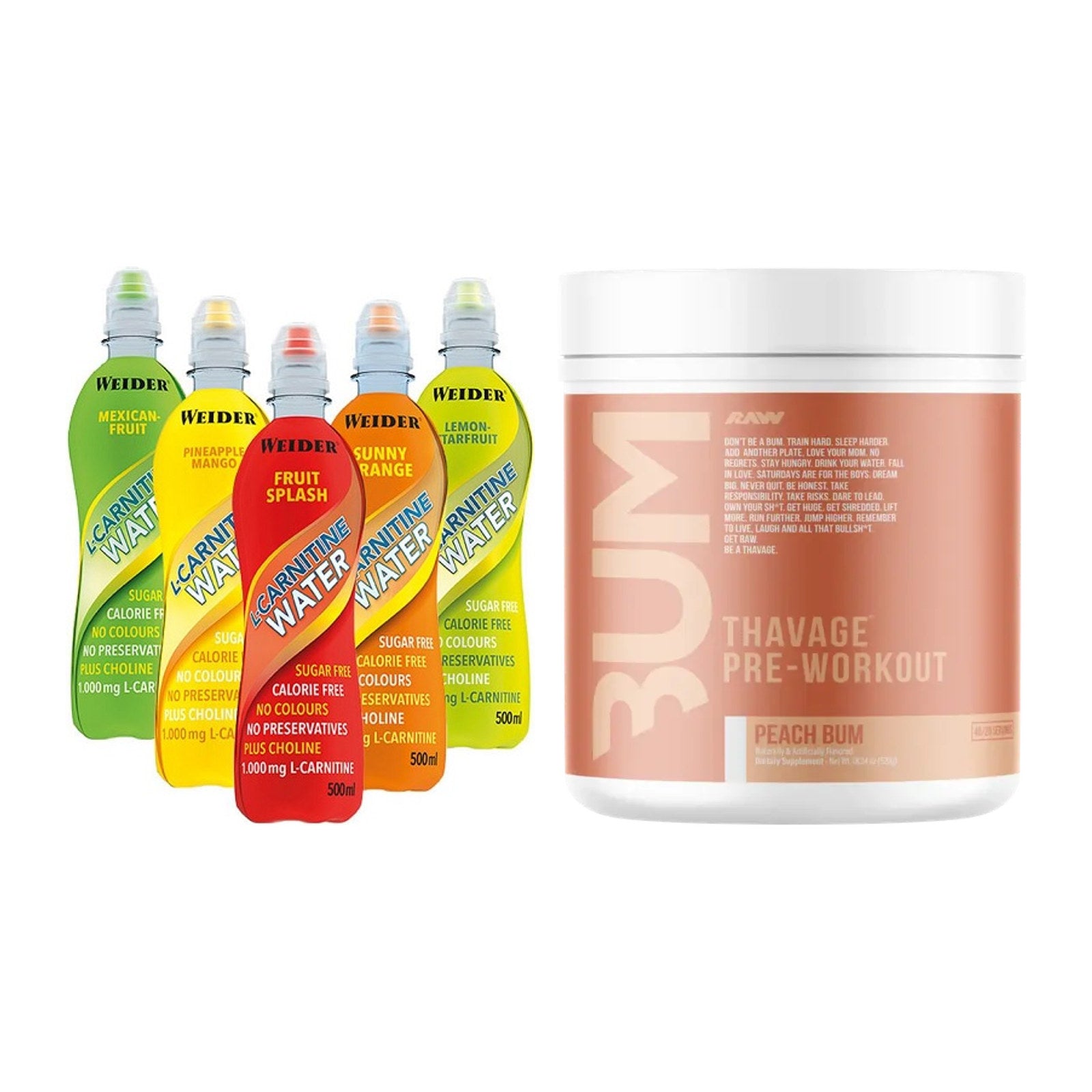 Cardio-Duo: Weider L-Carnitine WATER + RAW Nutrition CBUM Thavage – alle enthaltenen Artikel