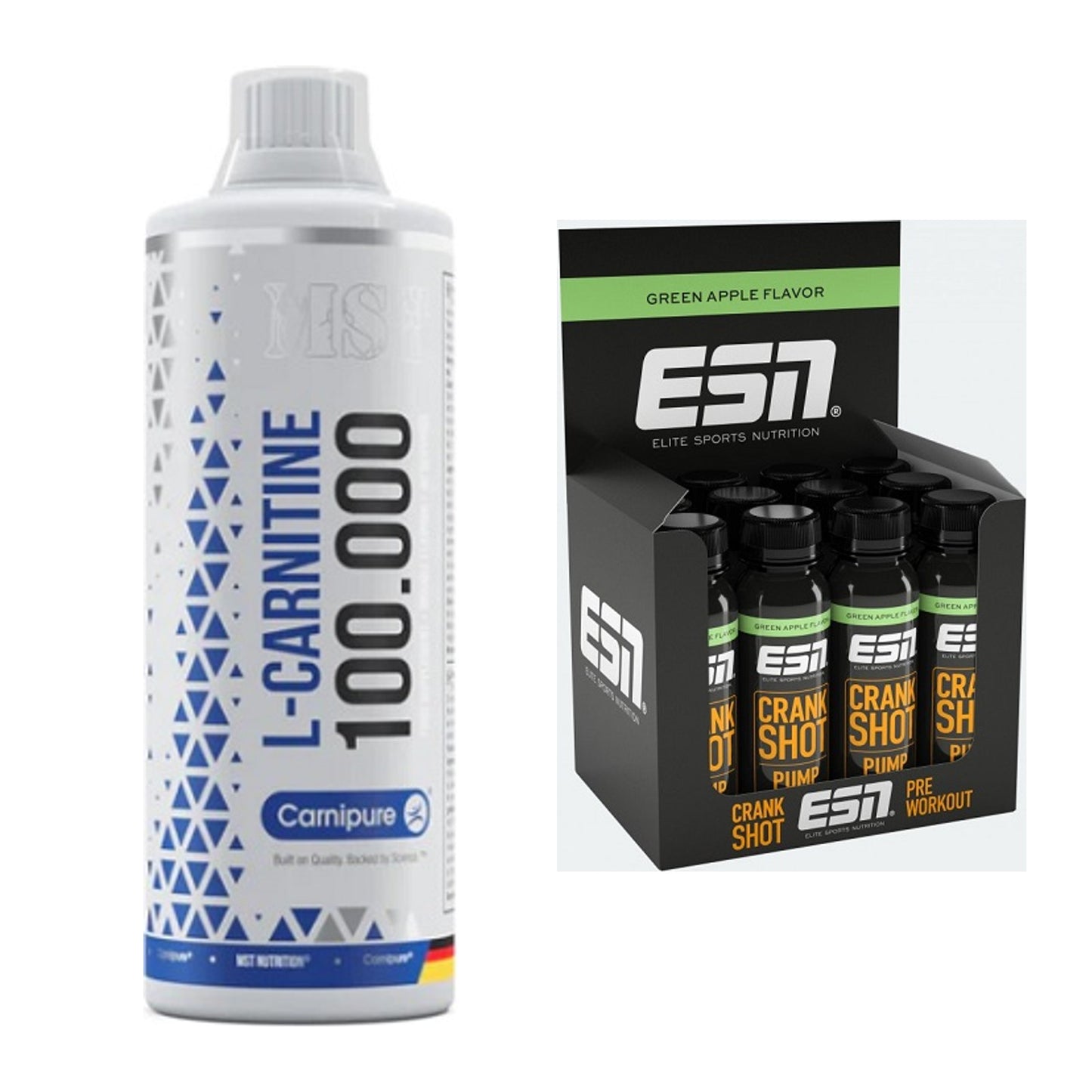 Cardio-Duo: MST L-Carnitine Carnipure 100 000 + ESN Crank Pump Shot – alle enthaltenen Artikel