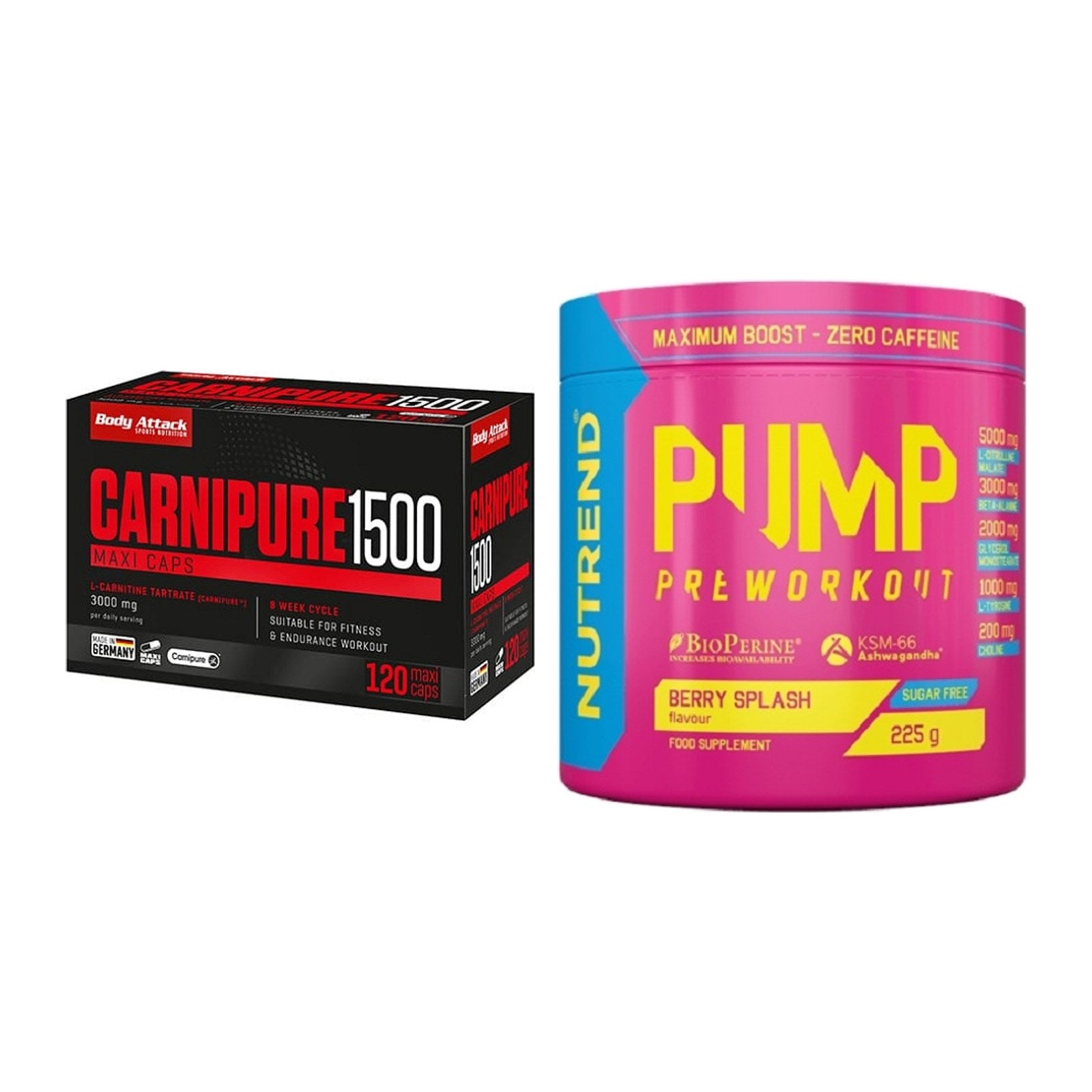 Cardio-Duo: Body Attack Carnipure 1500 + Nutrend Pump – alle enthaltenen Artikel