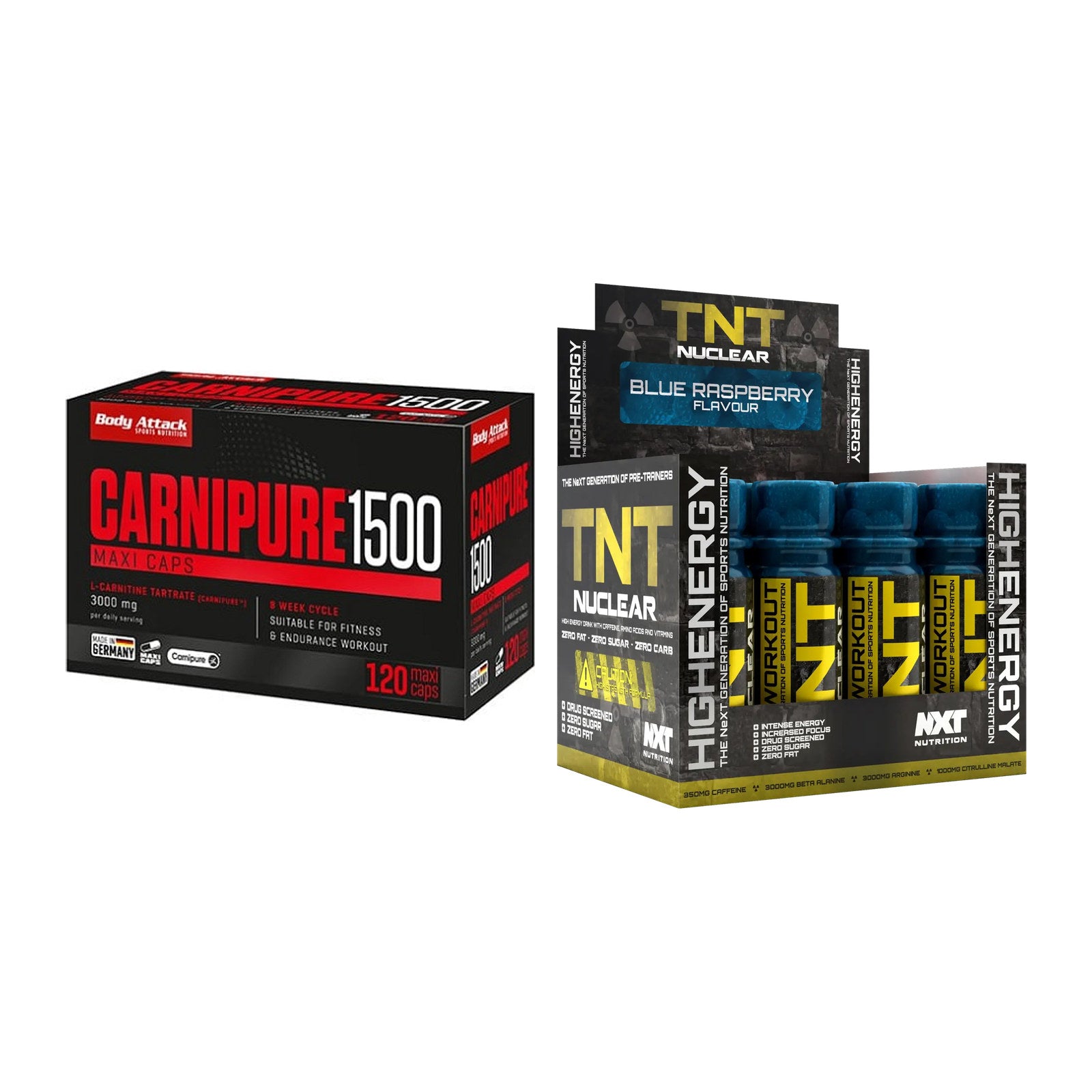 Cardio-Duo: Body Attack Carnipure 1500 + NXT Nutrition TNT Nuclear – alle enthaltenen Artikel