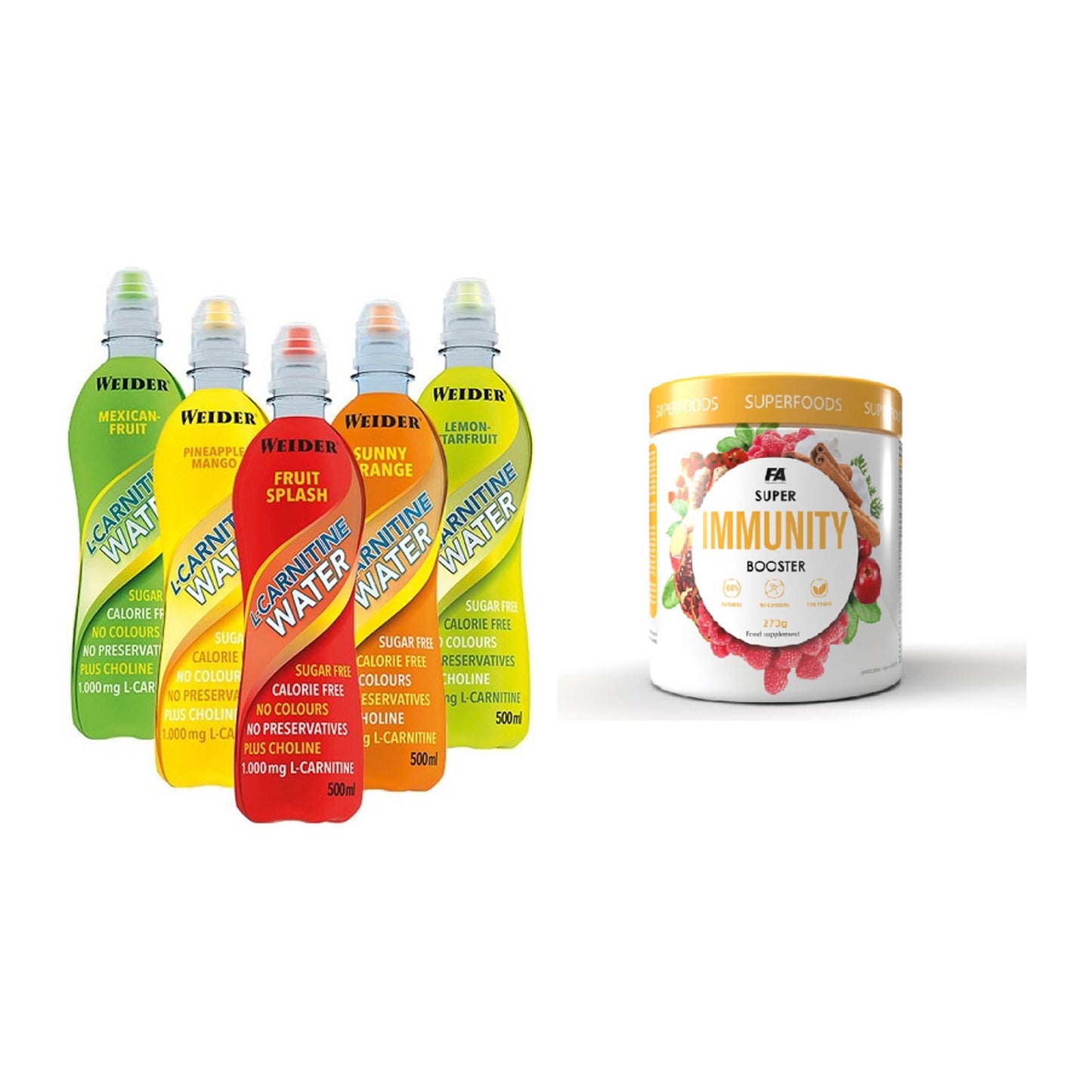 Cardio-Duo: Weider L-Carnitine WATER + FA Nutrition Wellnes Line Super – alle enthaltenen Artikel