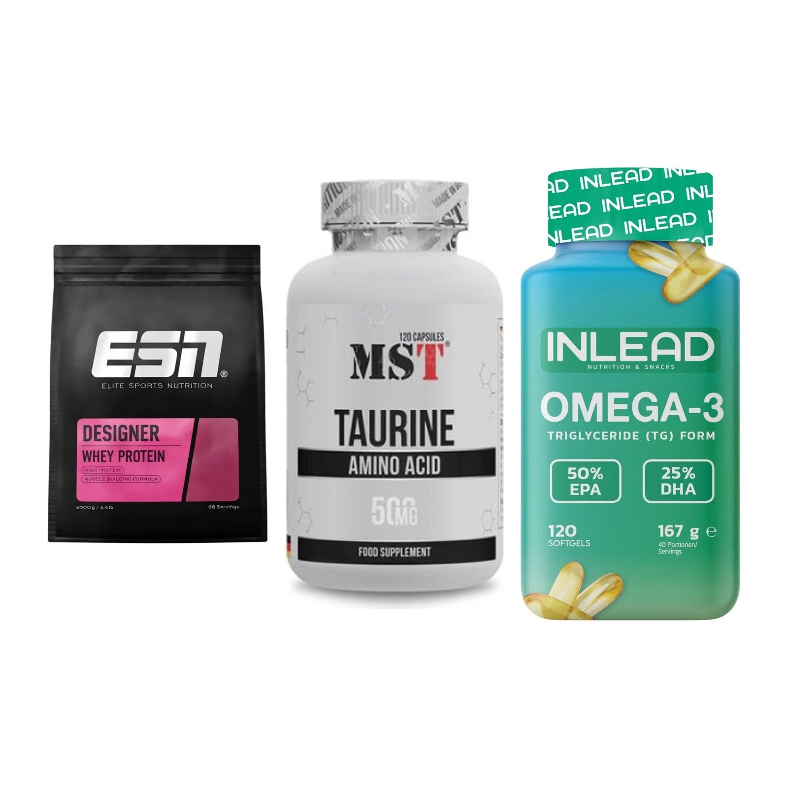 Definitionsphase-Set: ESN Designer Whey + MST Taurine + INLEAD Omega-3 – alle enthaltenen Artikel