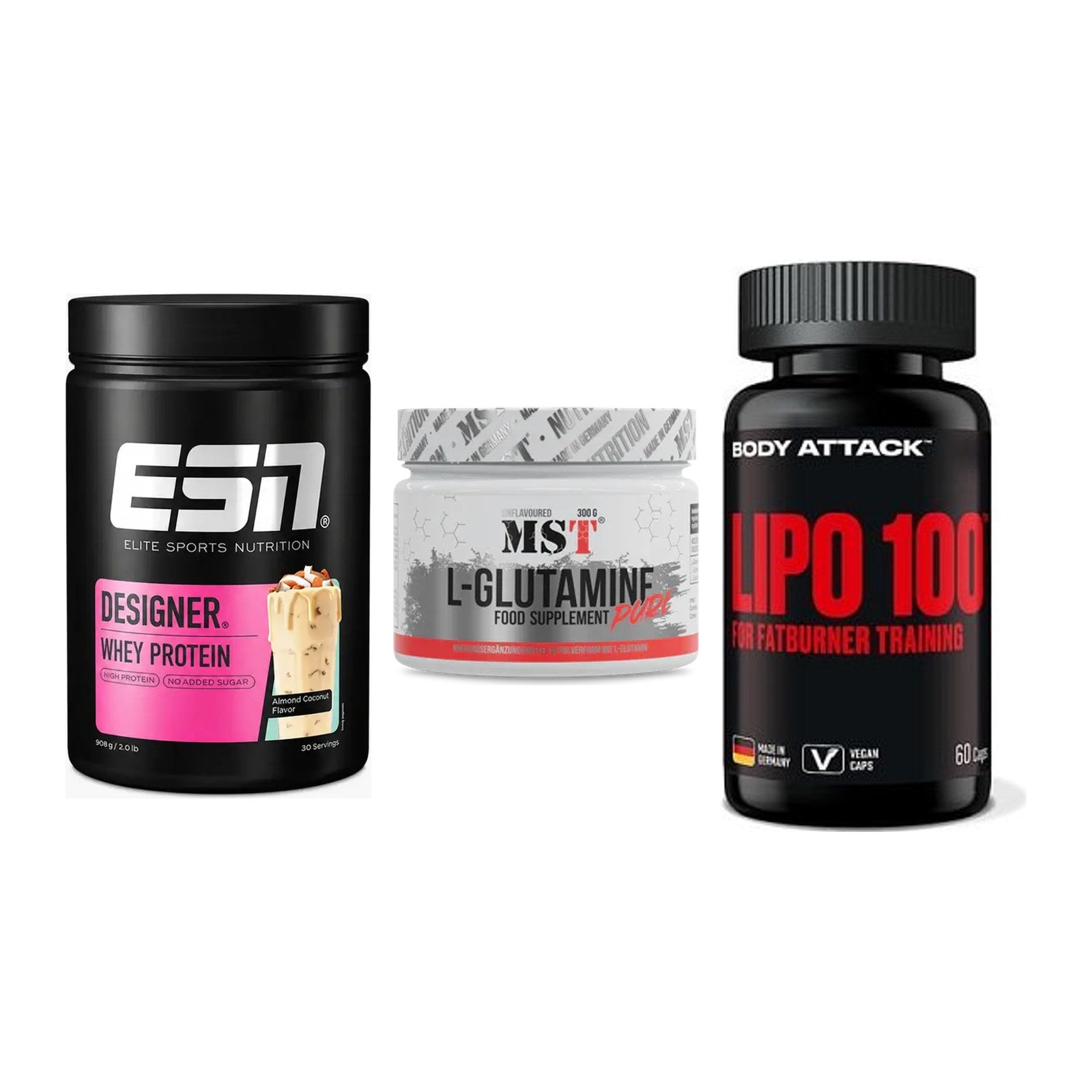 Definitionsphase-Set: ESN Designer + MST Glutamine + Body Attack – alle enthaltenen Artikel