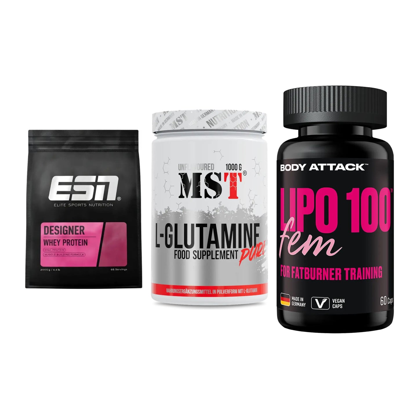 Definitionsphase-Set: ESN Designer + MST Glutamine + Body Attack – alle enthaltenen Artikel