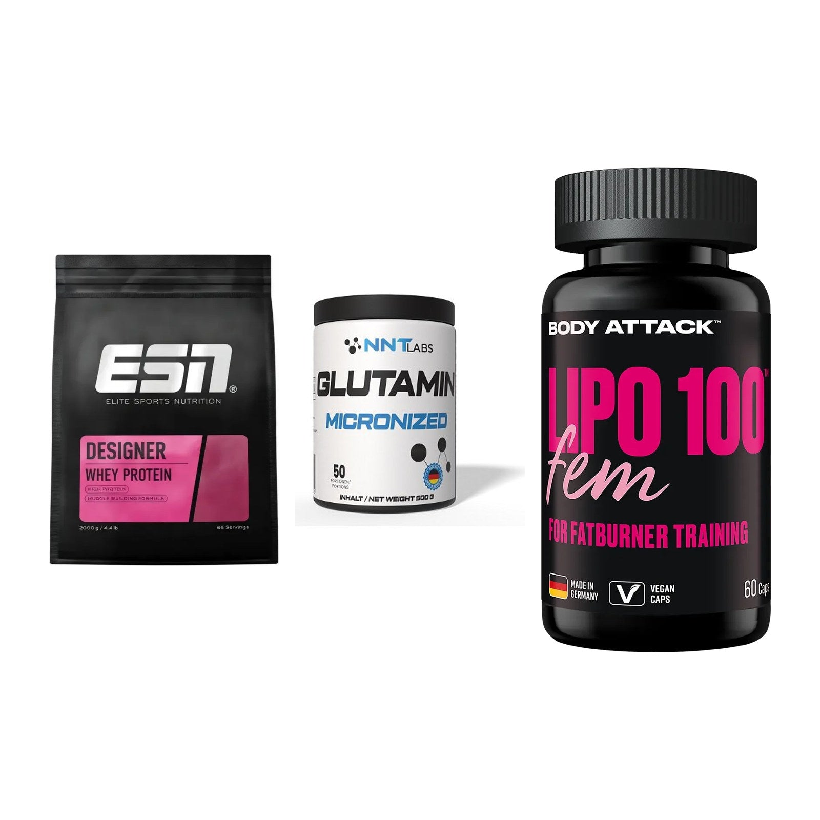 Definitionsphase-Set: ESN Designer + NNT Glutamin + Body Attack – alle enthaltenen Artikel