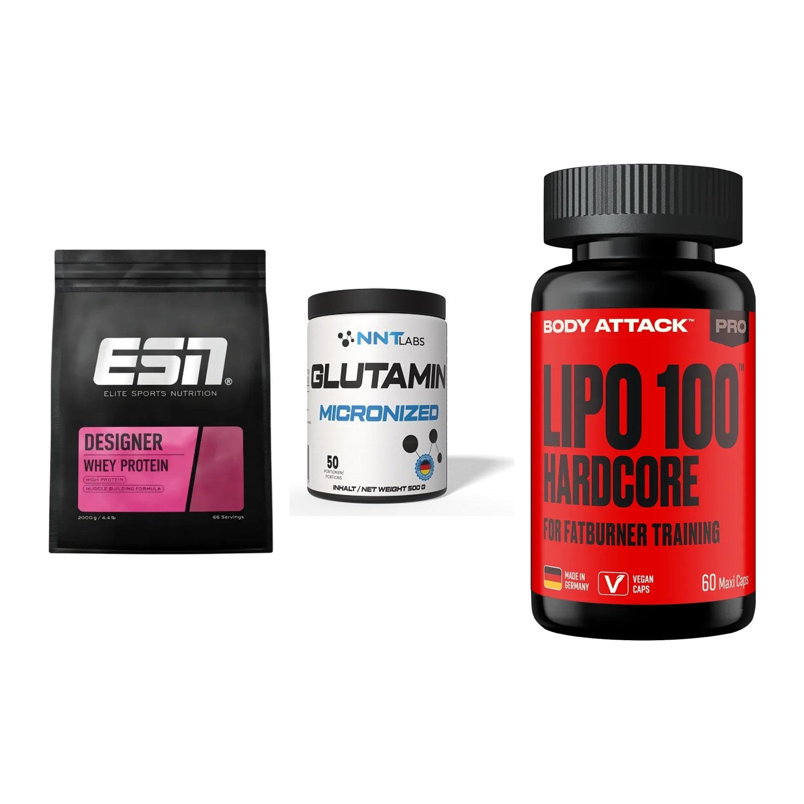 Definitionsphase-Set: ESN Designer + NNT Glutamin + Body Attack – alle enthaltenen Artikel