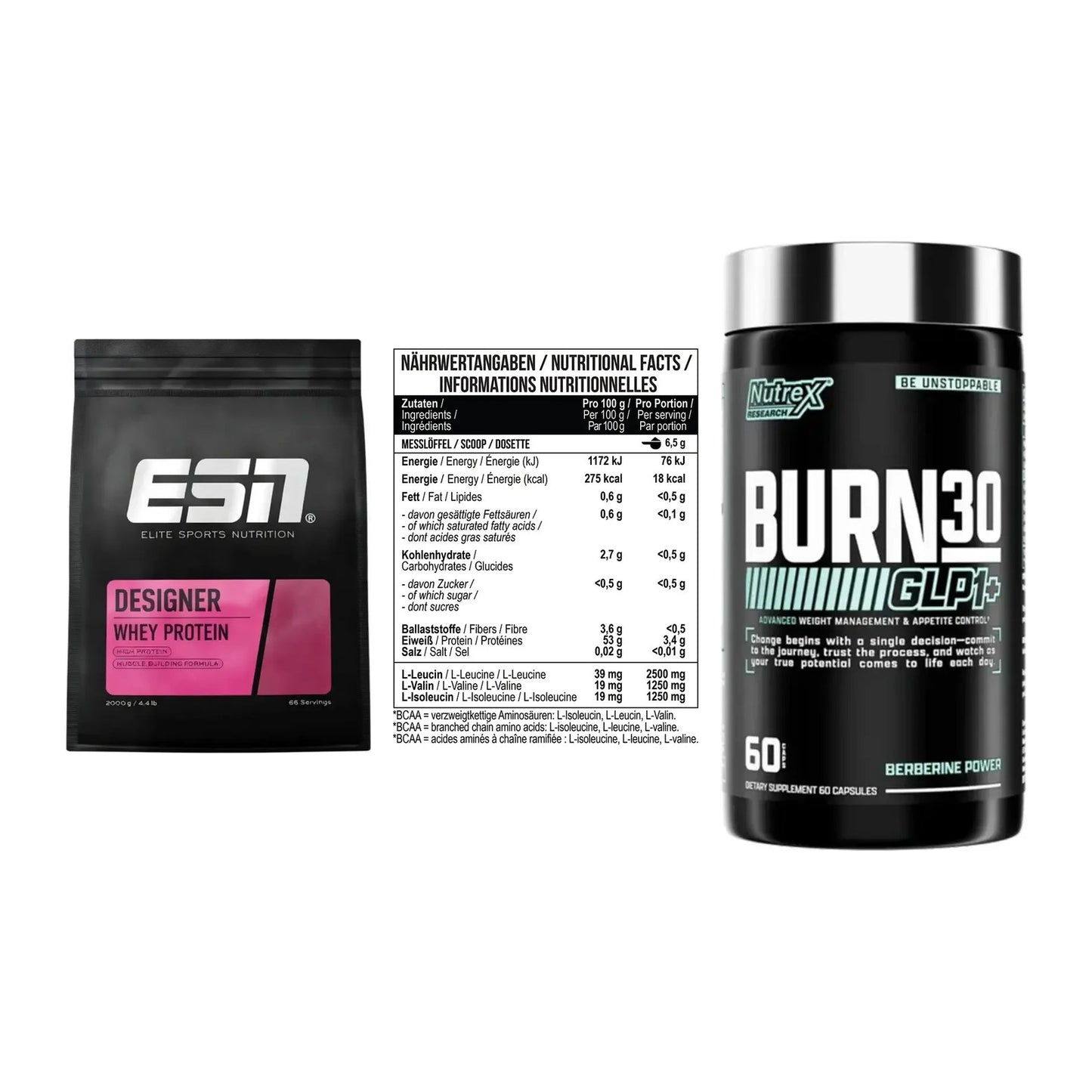 Definitionsphase-Set: ESN Designer + MST BCAA Zero + Nutrex Burn 30 – alle enthaltenen Artikel