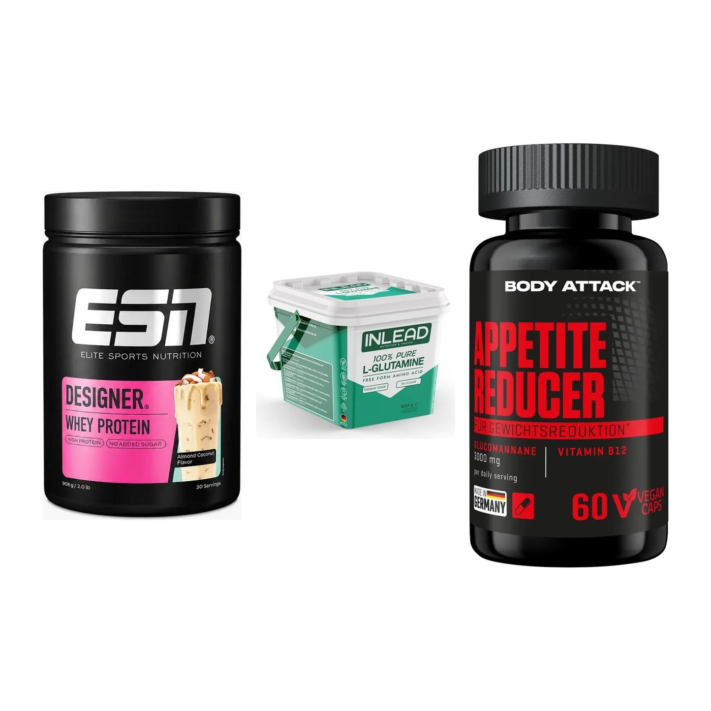 Definitionsphase-Set: ESN Designer + INLEAD L-Gluta + Body Attack – alle enthaltenen Artikel