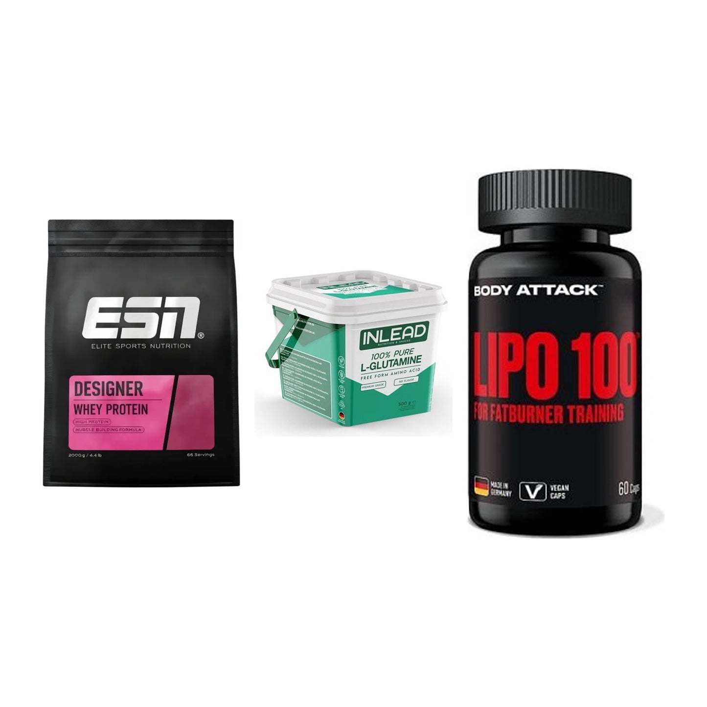 Definitionsphase-Set: ESN Designer + INLEAD L-Gluta + Body Attack – alle enthaltenen Artikel