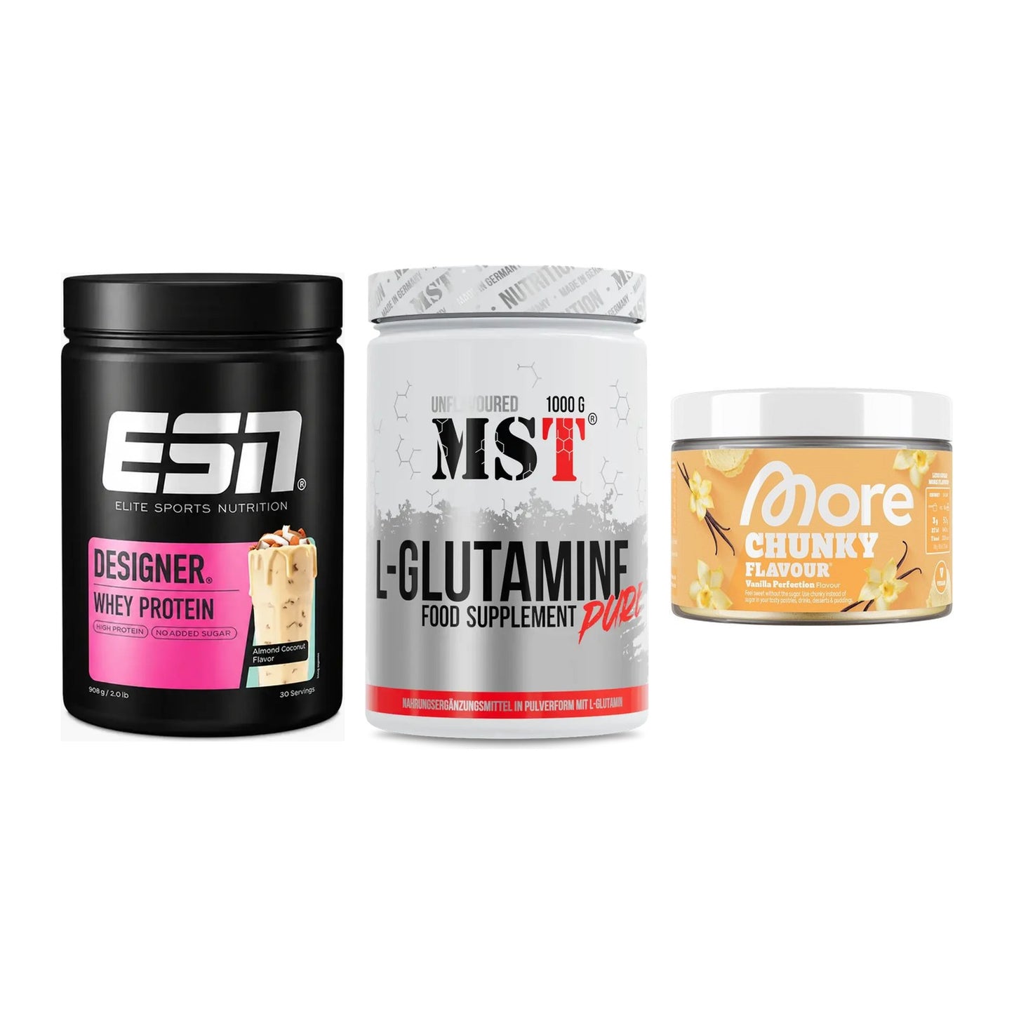 Definitionsphase-Set: ESN Designer + MST Glutamine + More Nutrition – alle enthaltenen Artikel
